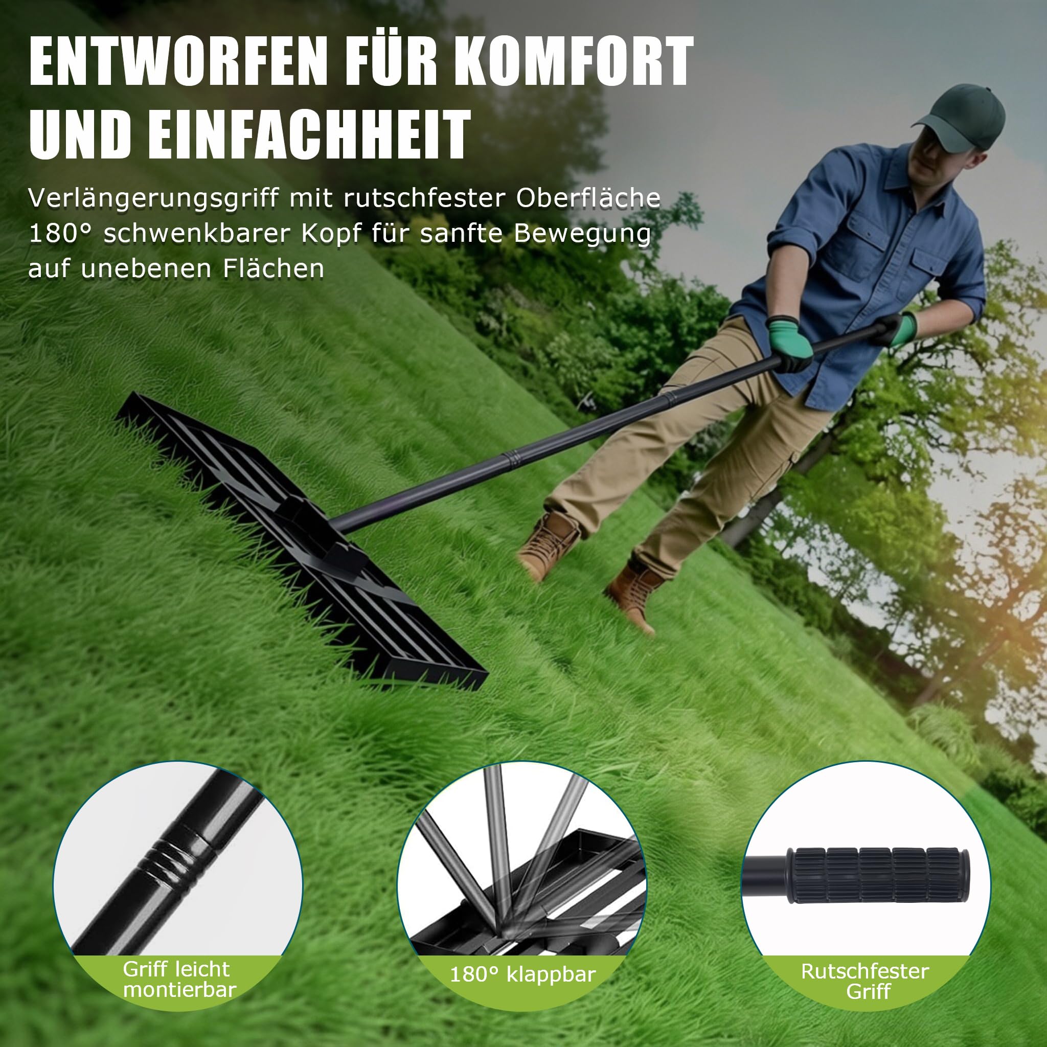 GREELUE Rasqueta de nivelación de césped, mango de metal, herramienta para nivelar césped, nivelación de césped, para jardín, patio, campo de golf, cuidado del césped para todas las áreas de césped