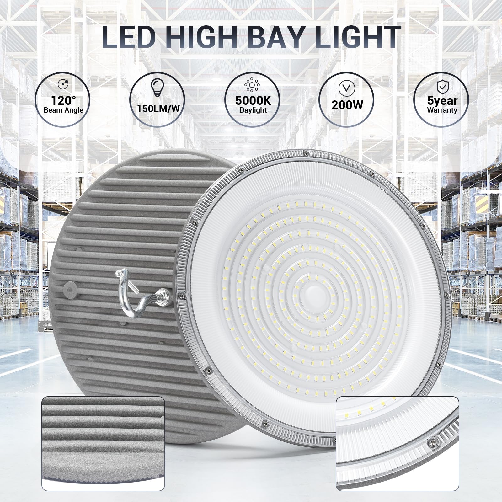 XYCN 10 Pack 200W UFO Led High Bay Light,120VAC,5000K Daylight 