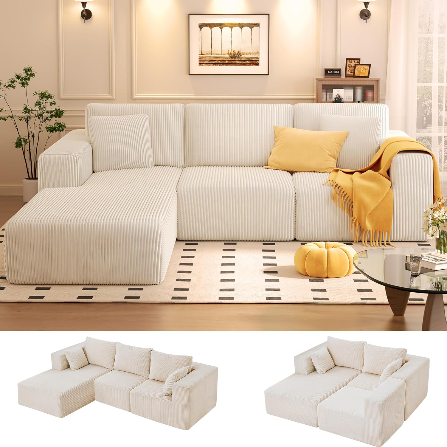 KINGYES 107” Modular Sectional Sofa, L Shaped Cloud Couch for Living Room, Modern Boneless Sofa with Chaise for Bedroom, Beige KINGYES 107” Modular Sectional Sofa, L Shaped Cloud Couch for Living Room, Modern Boneless Sofa with Chaise for Bedroom, Beige