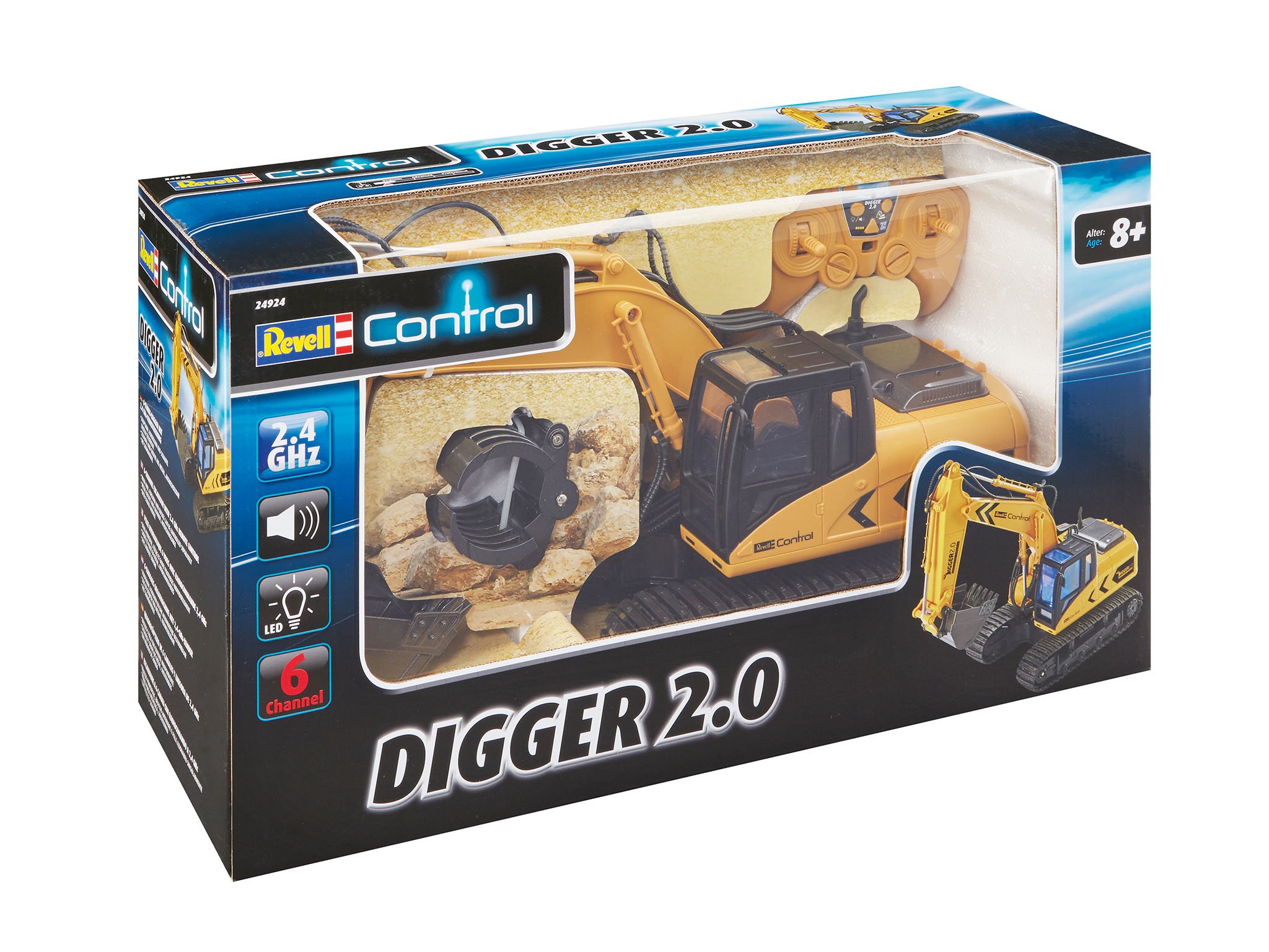 Revell Control 24924 RC koparka gąsienicowa Digger 2.0, napęd łańcuchowy, wymienna szufla i chwytak do drzew, nadaje się do użytku na zewnątrz, zdalnie sterowana koparka z akumulatorem, 2,4 GHz, żółta