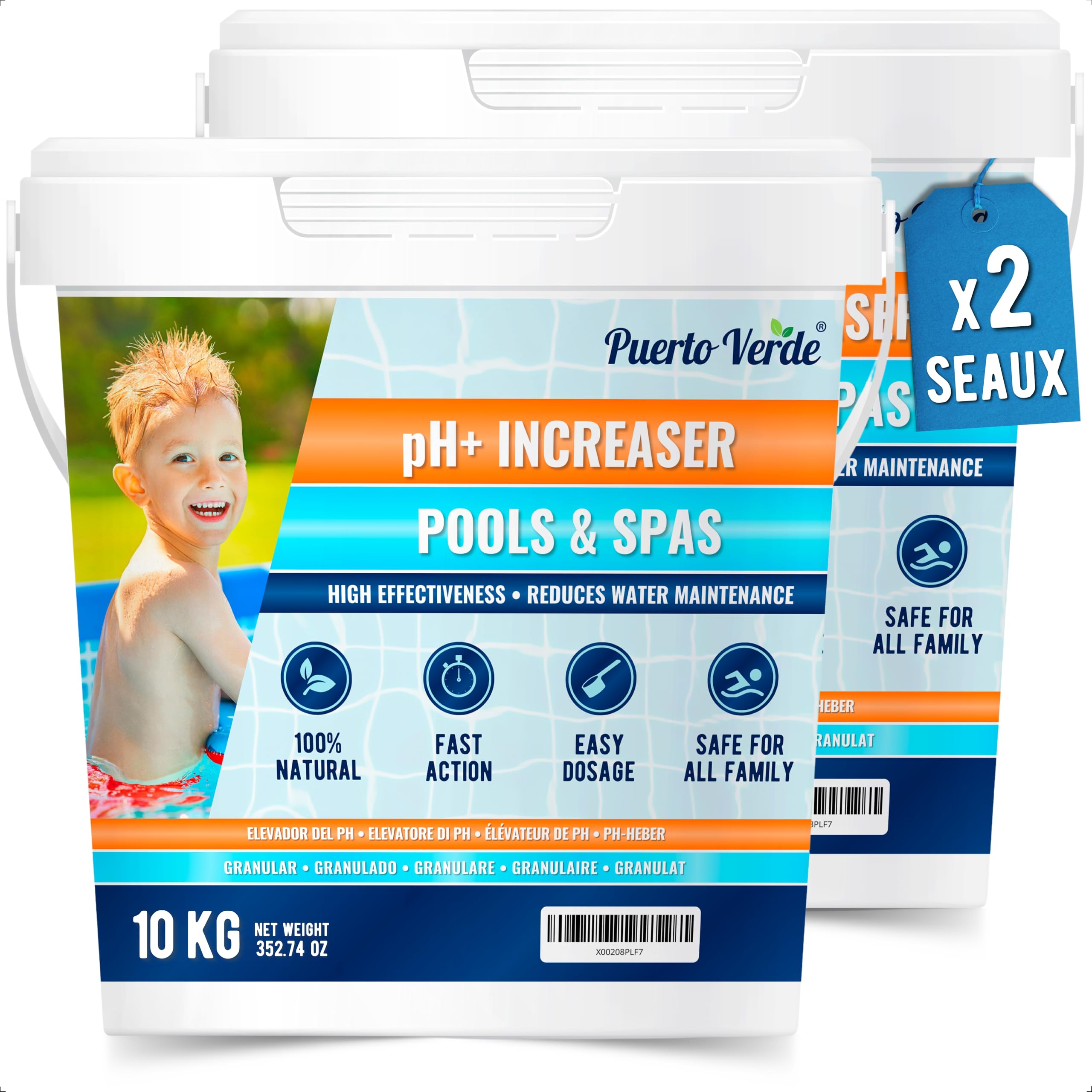 • pH + Plus pour Piscines 2x10 Kg. Élévateur de pH+ Adapté aux Spas. Correcteur de pH Plus en Format Granulé. Cuillère de Dosage Incluse. Seau Hermétique. Production Européenne.