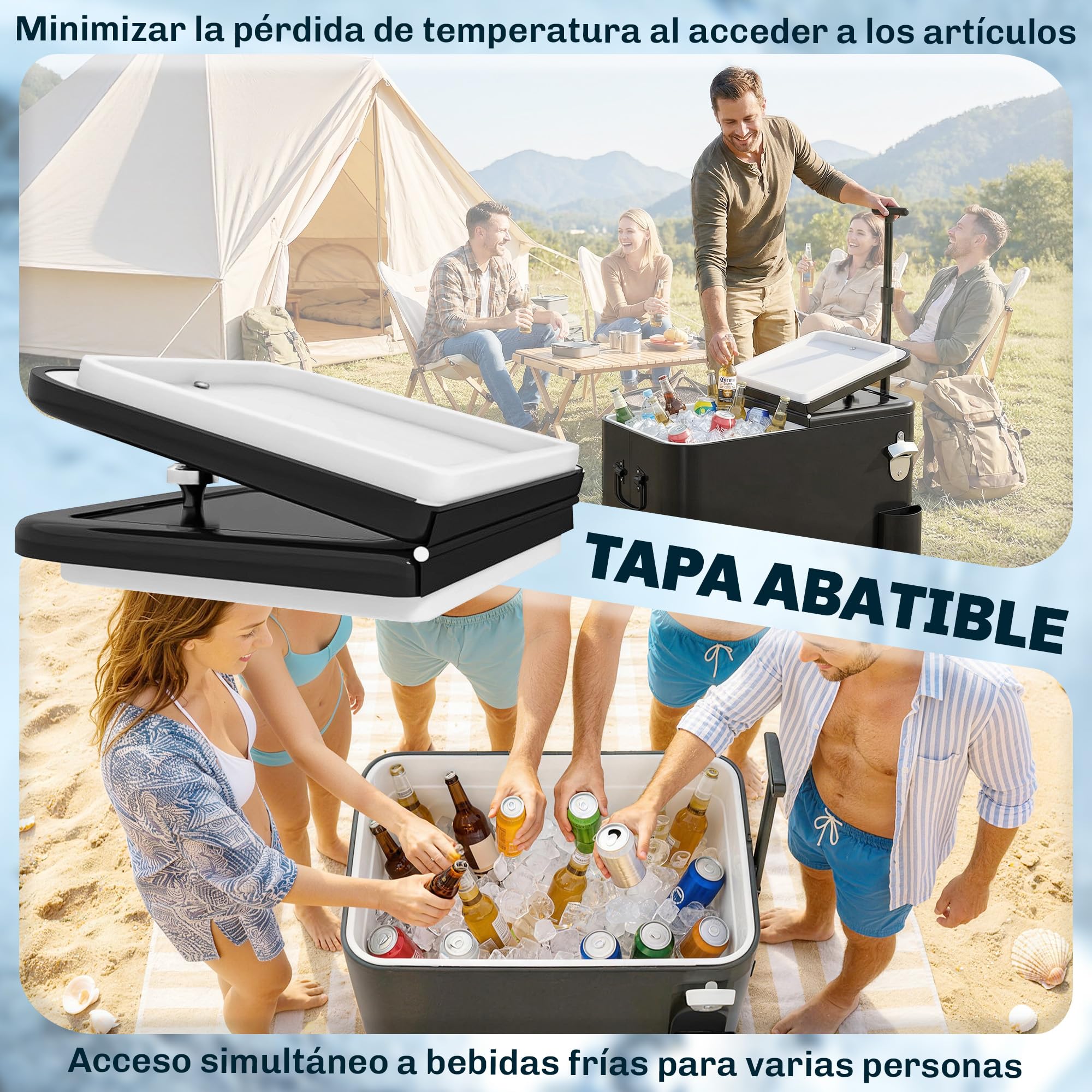 Outsunny Carrito Nevera de 56L con Ruedas, Carro de Bebidas con Mango Ajustable, Abrebotellas, Recogetapas, Drenaje y Asa, Mesa Nevera Jardín Exterior para Patio, Fiesta, BBQ, 75x35x120 cm, Negro