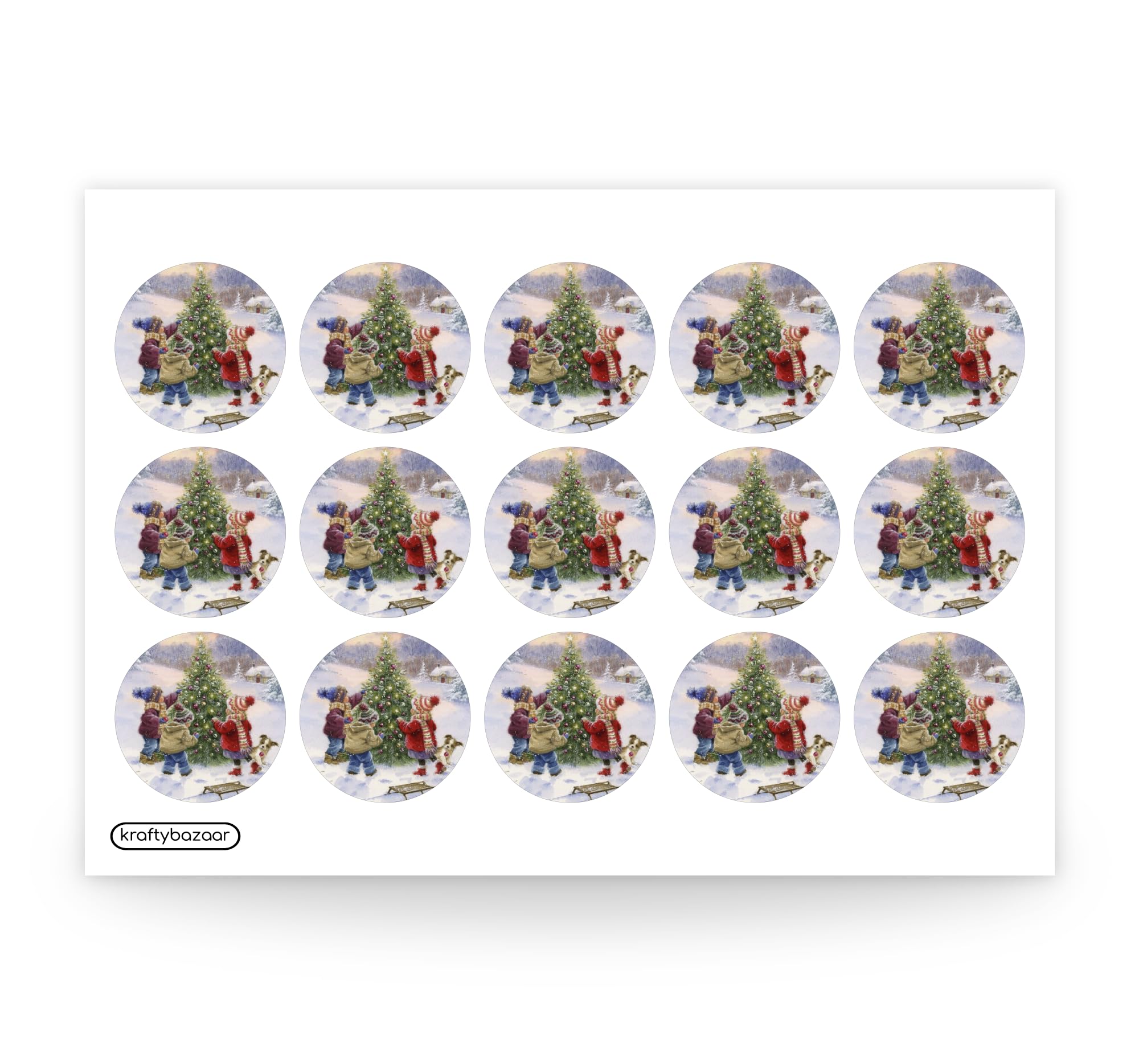 KraftyBazaar Pack of 450 Winter Christmas Tree Fun Vinyl Stickers - 37mm Round Self-Adhesive Stickers - Multipack Festive Stationery Craft Decor Vintage Christmas Labels
