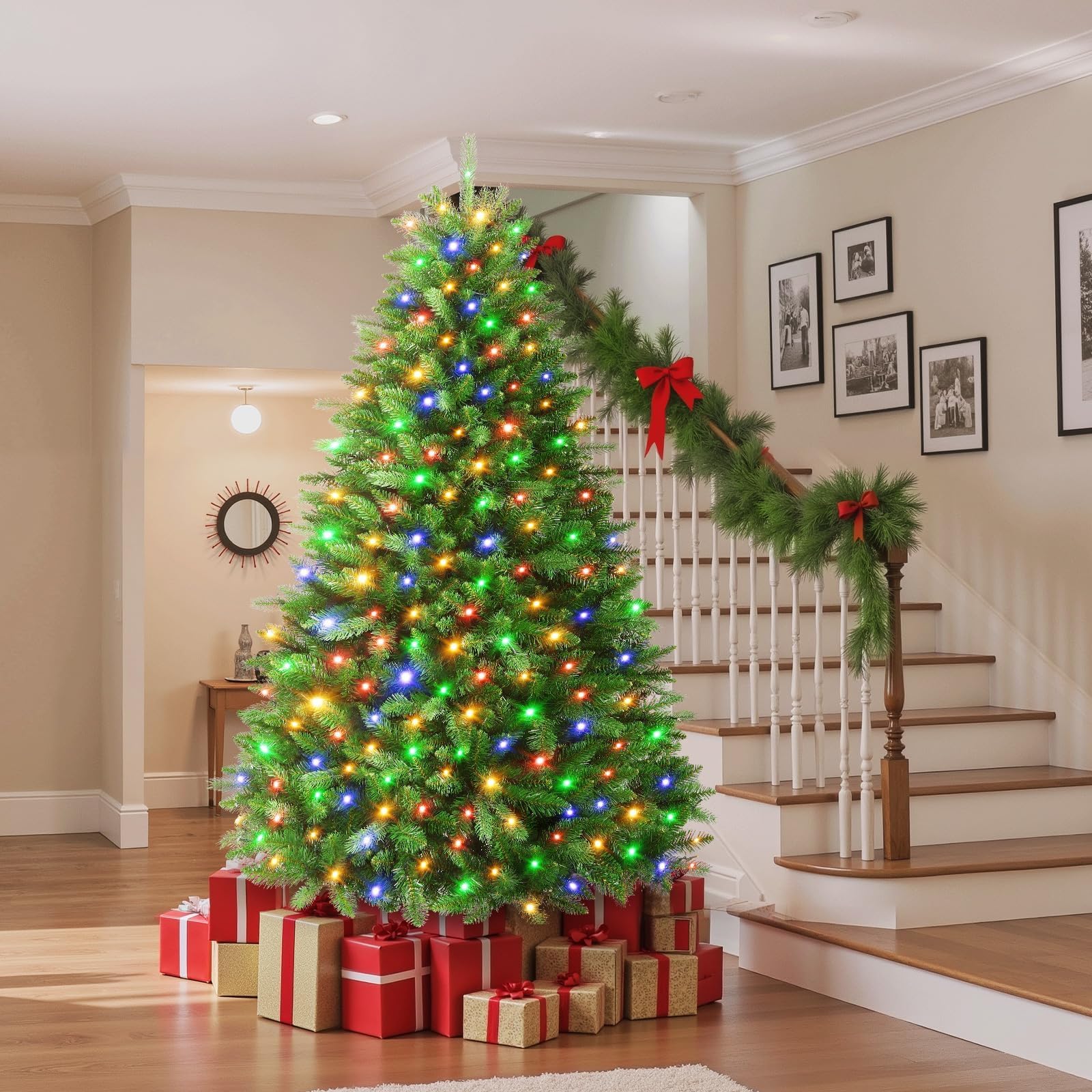 SHareconn 180 cm Arbol de Navidad Artificial con Luces Led, con 1322 PE y PVC Puntas de Rama, con 350 Luces Blancas Cálidas & Multicolores y 12 Modos de luz, Soporte de Metal Plegable, Montaje Rápido