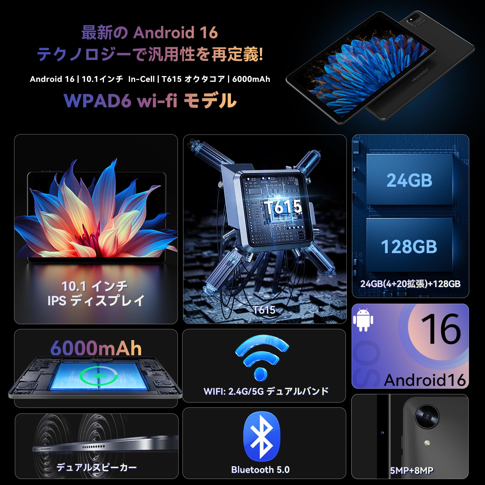 Amazon.co.jp: Android 16 タブレット 10インチ Wi-Fiモデル Headwolf