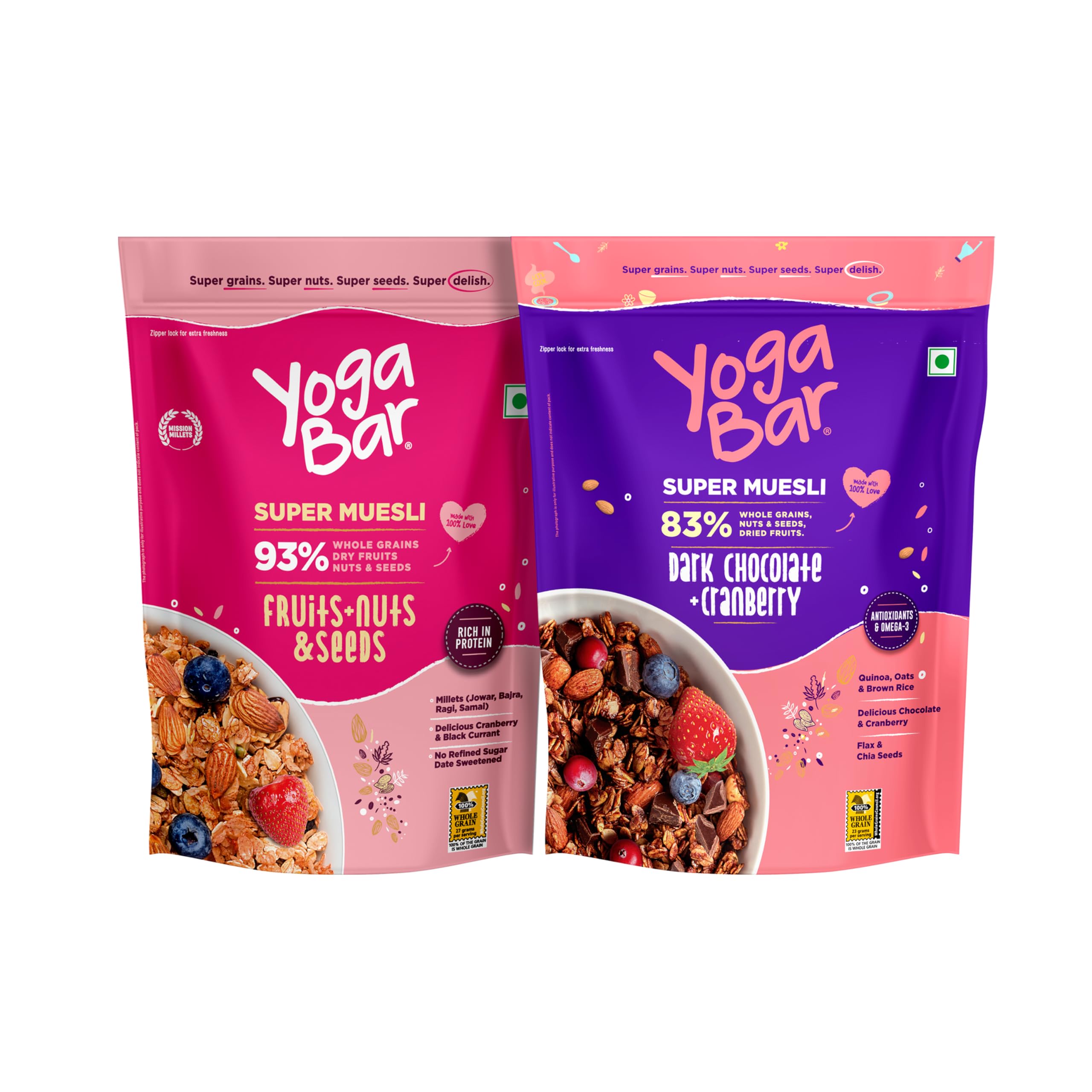 Yogabar Wholegrain Breakfast Muesli - Fruits, Nuts + Seeds + Dark Chocolate, 400g Each