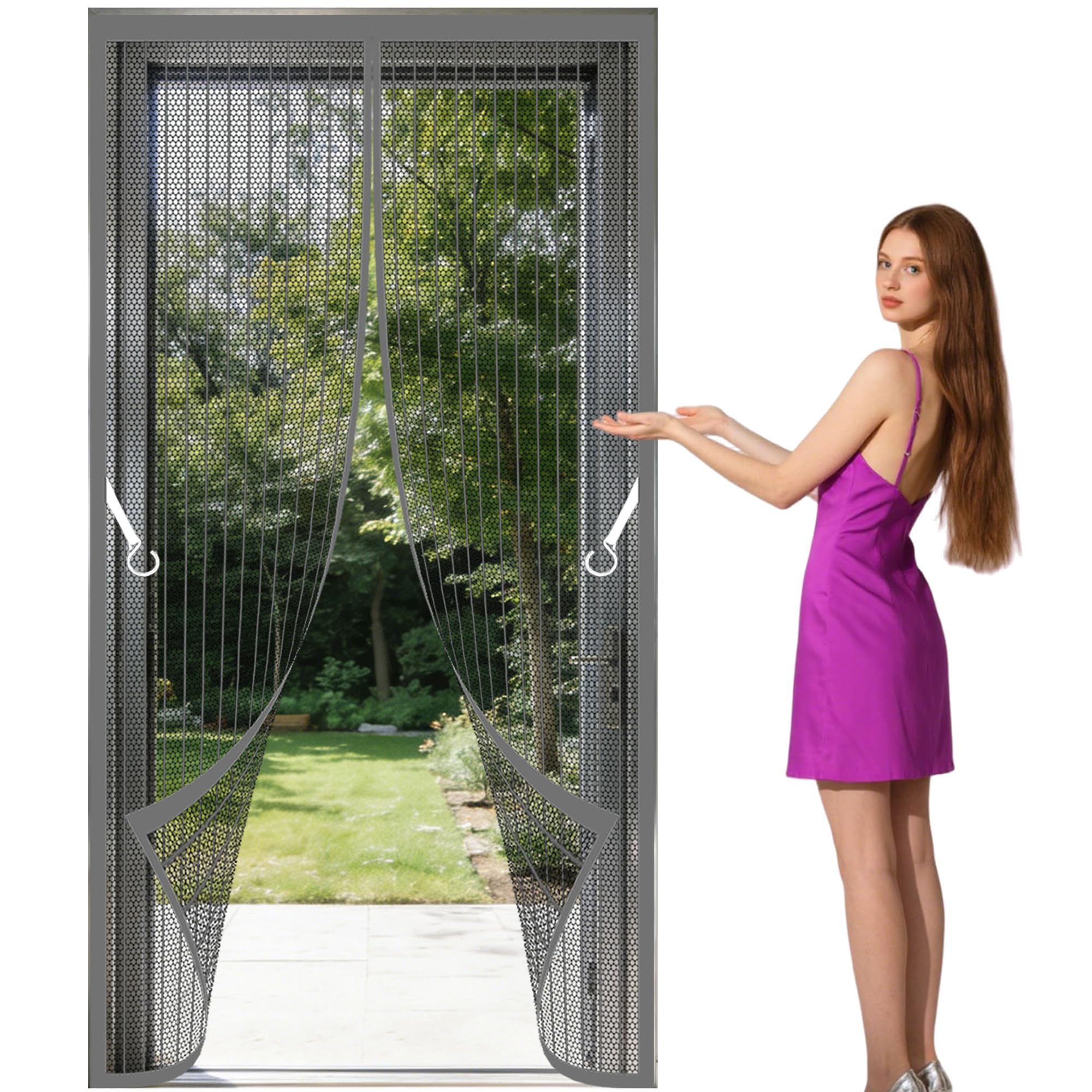 Polyester Magnetic Door 87 x 209 cm No Drill Installation Anti Mosquito Mesh Fly Curtain Keeps Bugs Out for Living Room, Bedroom, Patio, Grey