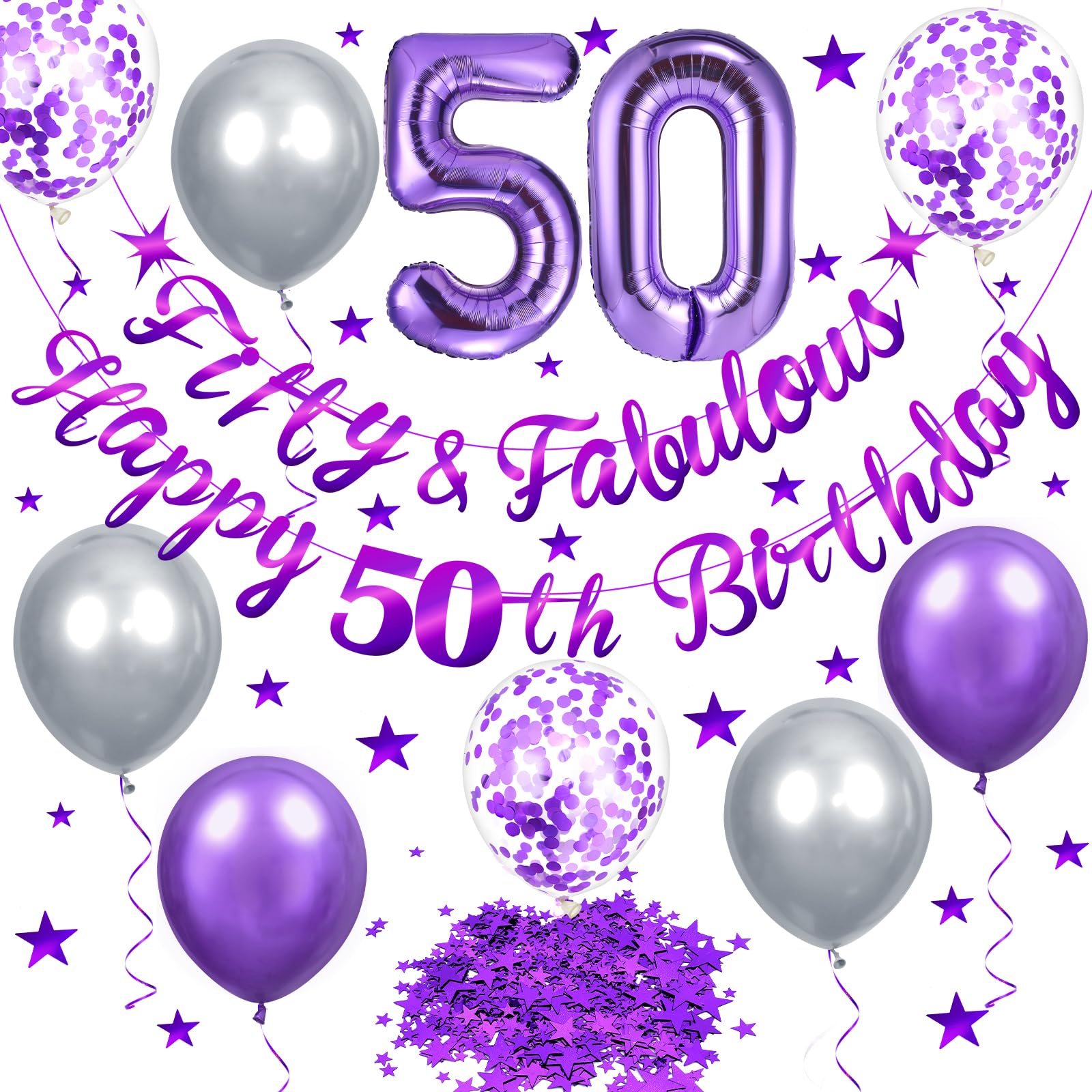 Photo 1 of Purple 50th Birthday Decorations Purple Silver Fifty and Fabulous Happy 50th Birthday Banner Balloons Number 50 Foil Balloon Table Confetti Decor for Women 50th Birthday Anniversary Party Supplies