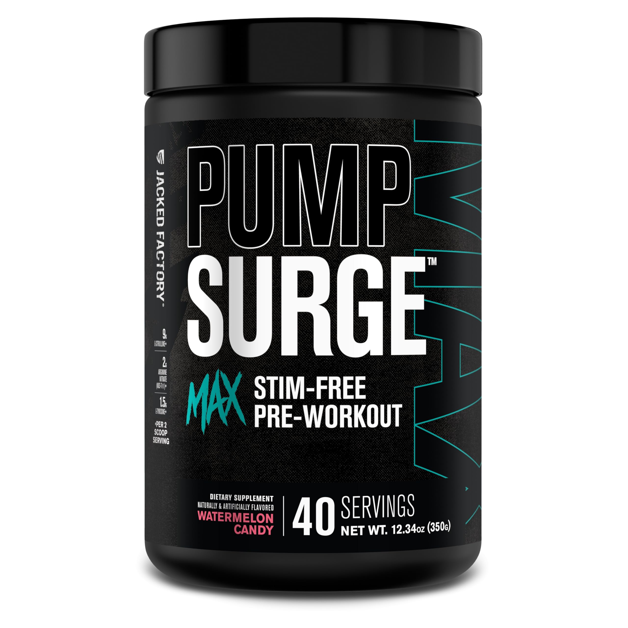 Jacked Factory Pumpsurge Max Stim Free Pre Workout - High-Performance Caffeine Free Pre Workout with L-Citrulline, N03-T Arginine Nitrate & Glutathione - 40 Servings, Watermelon Candy