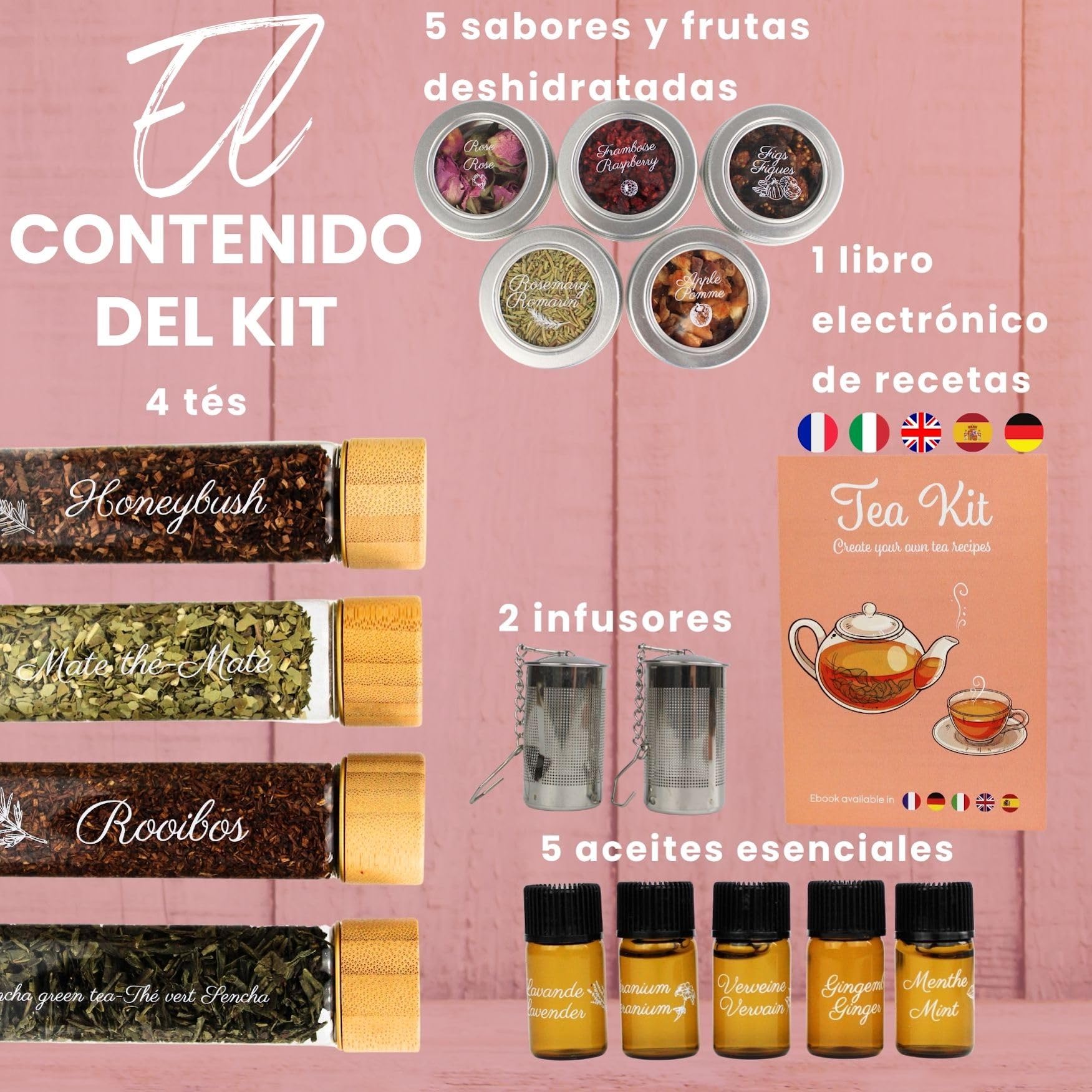 L&G® - Kit té preparación y degustación - Honeybush, Rooibos, Sancha Green, Maté - Infusores incluidos - Set de té DIY - Regalar Navidad, cumpleaños - Made in France - Ingredientes de calidad