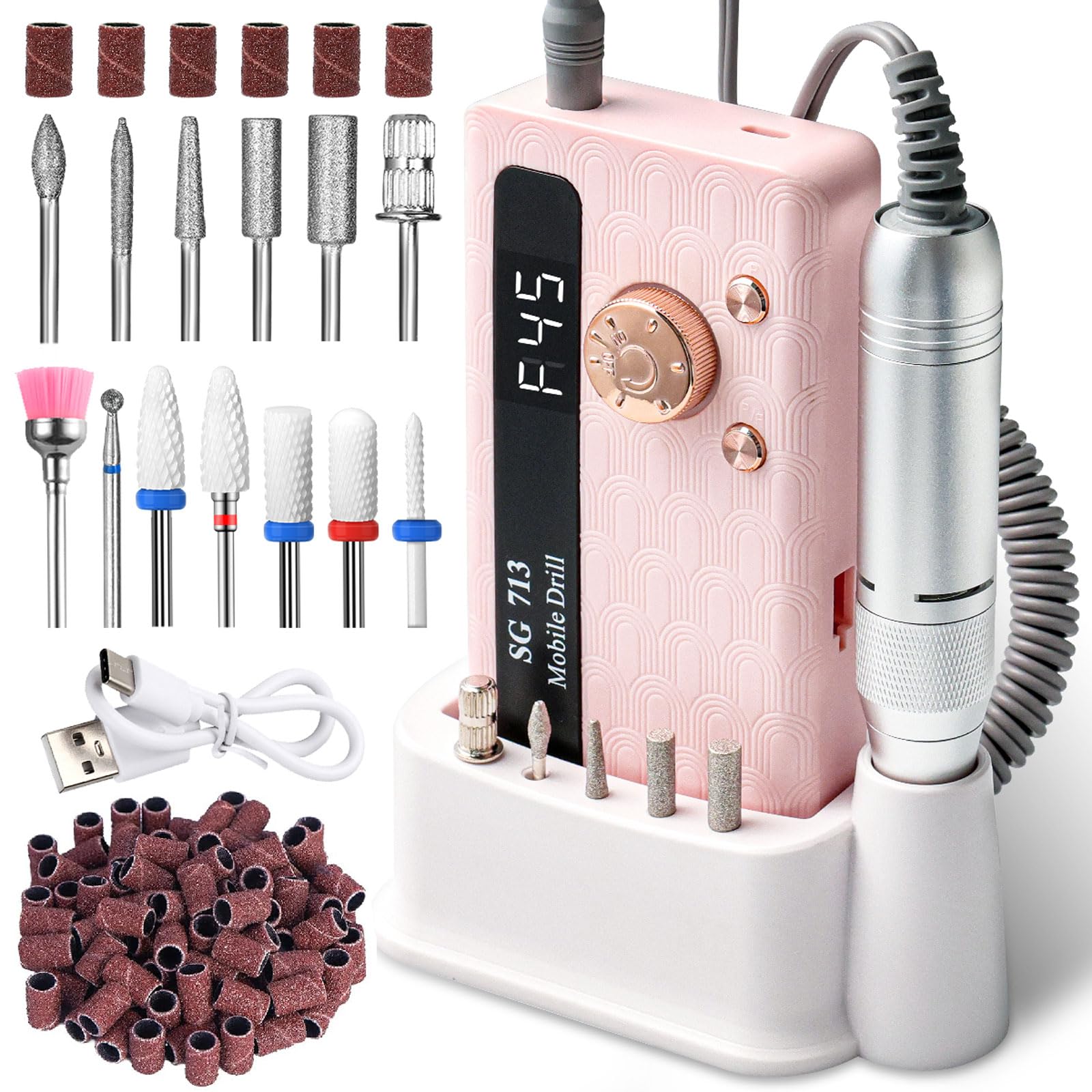 Professional Nail Drill Kit 45000RPM, Portable Electric Nail File with 13 Bits & 56pcs Sanding Bands,LED Screen,Ultra-Silent, Rechargeable Nail Drills Machine for Acrylic Nails Gel Polishing