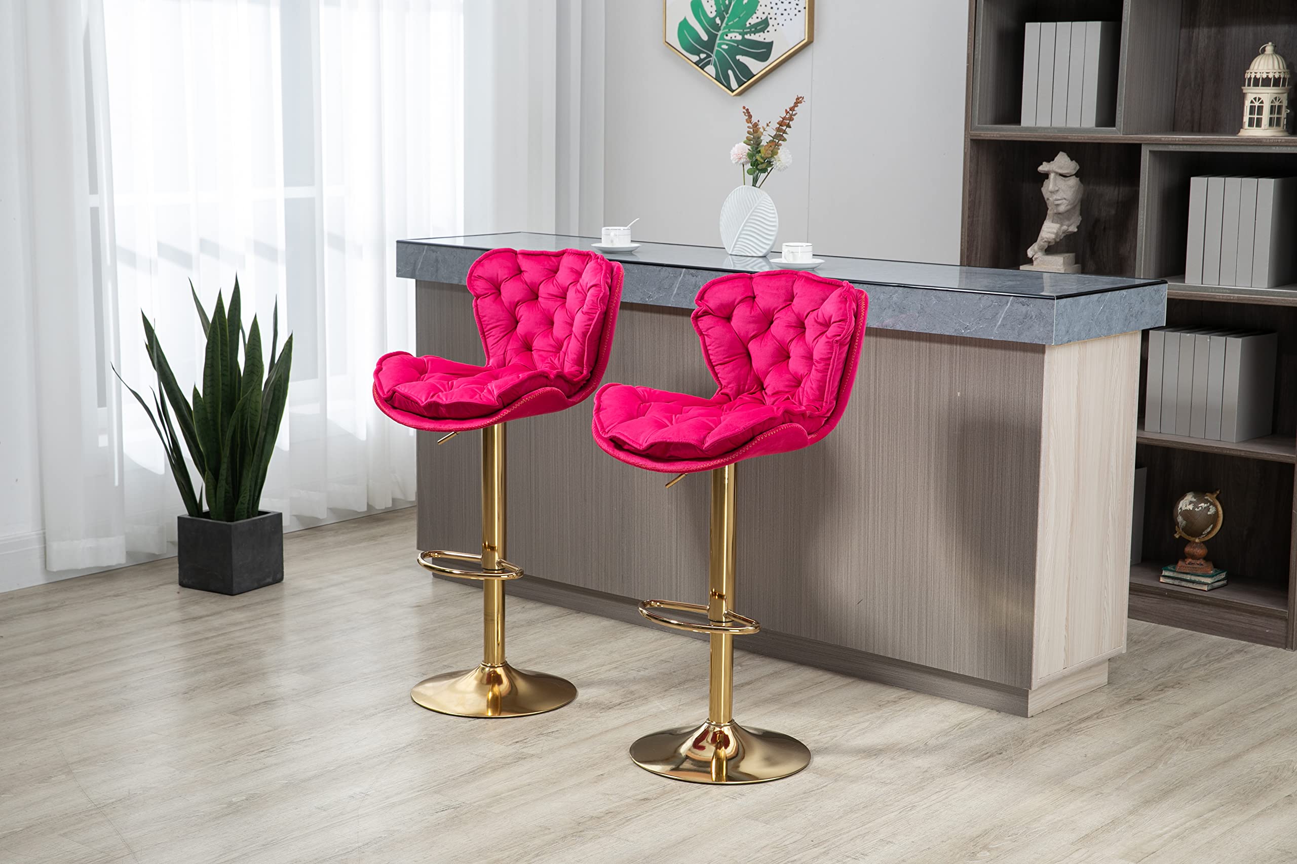 Bar Stools, Set of 2 Modern Adjustable Counter Swivel Height Bar Stools with Back and Footrest, Velvet Upholstered Dining Chairs with Round Metal Base for Bar, Kitchen, Dining Room, Rose Red