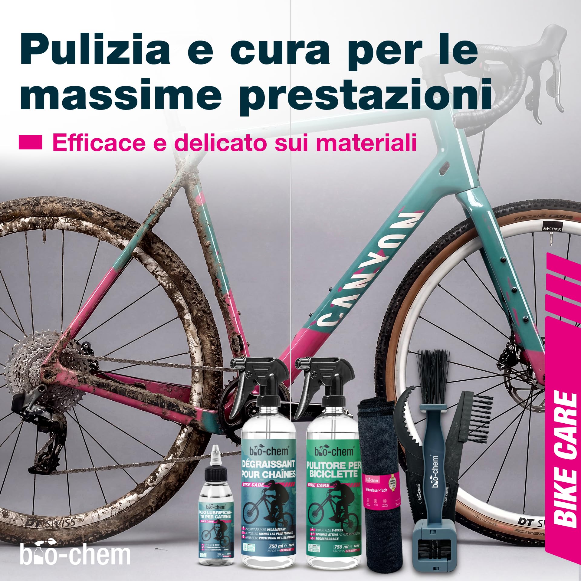 bio-chem - Profi Set 7 prodotti per la pulizia della bicicletta - Detergente completo 750ml - Sgrassatore per catena 750ml - Olio lubrificante 100ml - Panno e spazzole incluse