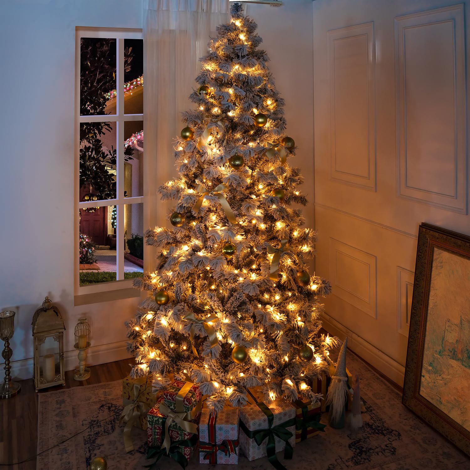 Skylar 7.5ft Snow Flocked Christmas Tree Prelit with 892 Branch Tips, 550 Warm Lights and Metal Stand, 50" Wide Realistic Alaskan Pine Frosted Christmas Tree with Lights by Naomi Home