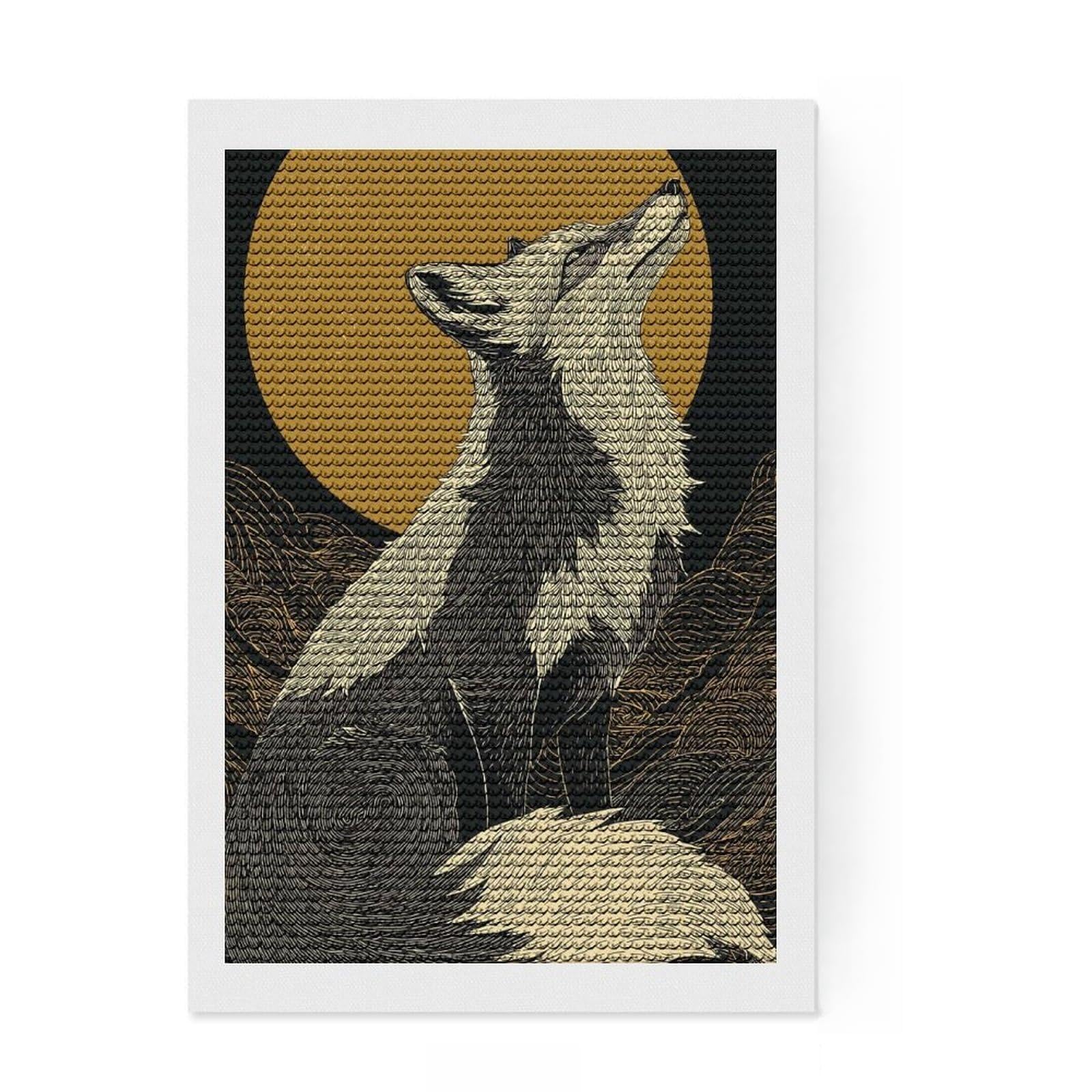 Junmoney Fox Howling at The Moon Illustration Round Drill Diamond Painting 8"x12", for Creative Relaxation, Full Kit Included, Boho Decor, Gift Idea