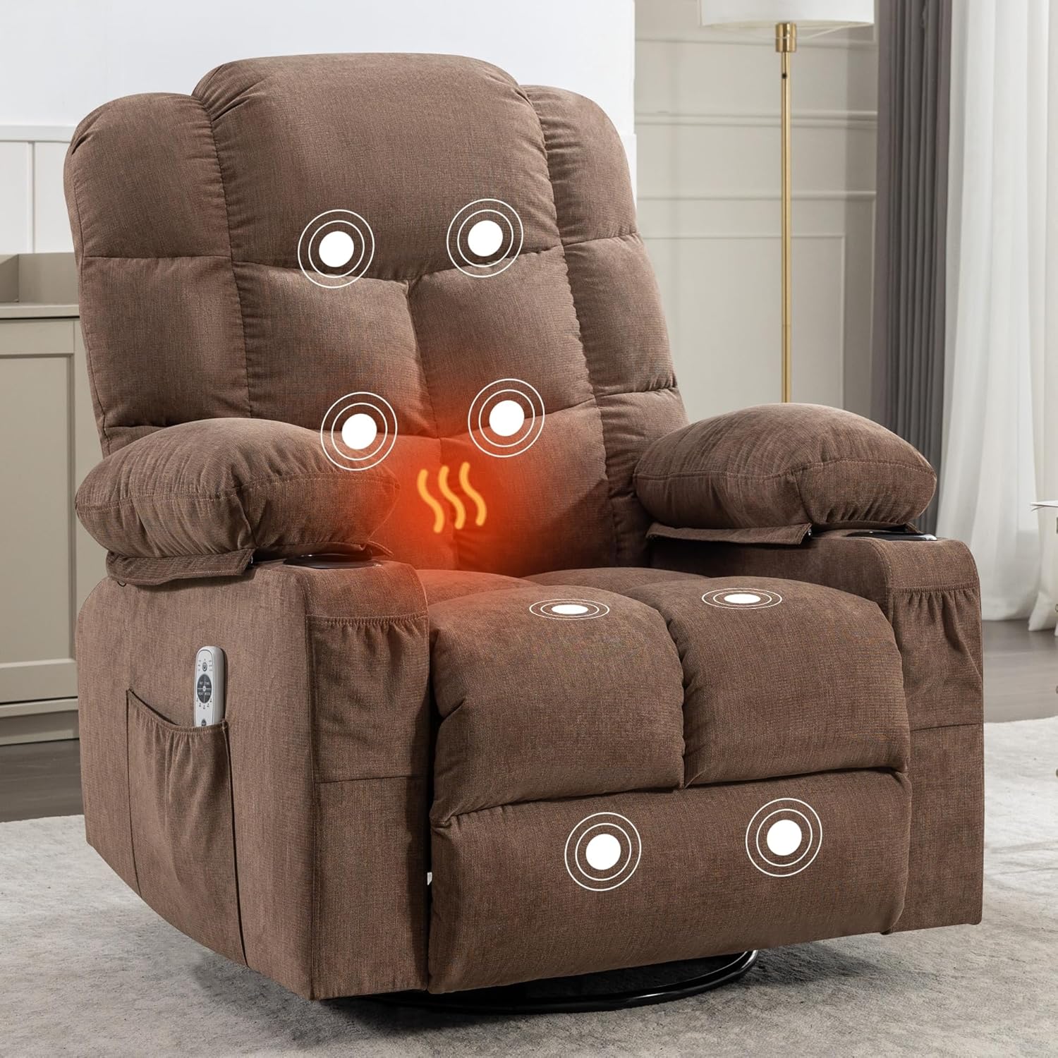 Brown Oversized Massage Rocker Recliner Chair with Vibration Solid Modern Contemporary Metal Wood Manual Recline