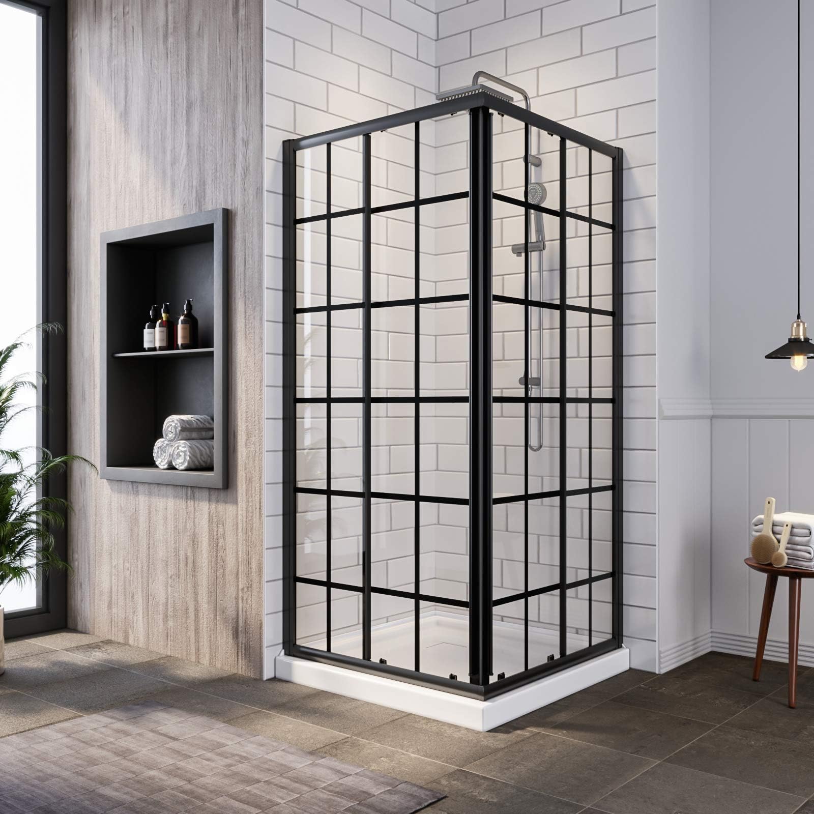 SUNNY SHOWER Sliding Shower Door with Shower Base Corner Shower Enclosure 36 X 36 X 72 inch, Semi-frameless Shower Door with 1/4" Clear Glass, Black Glass Door & White Base