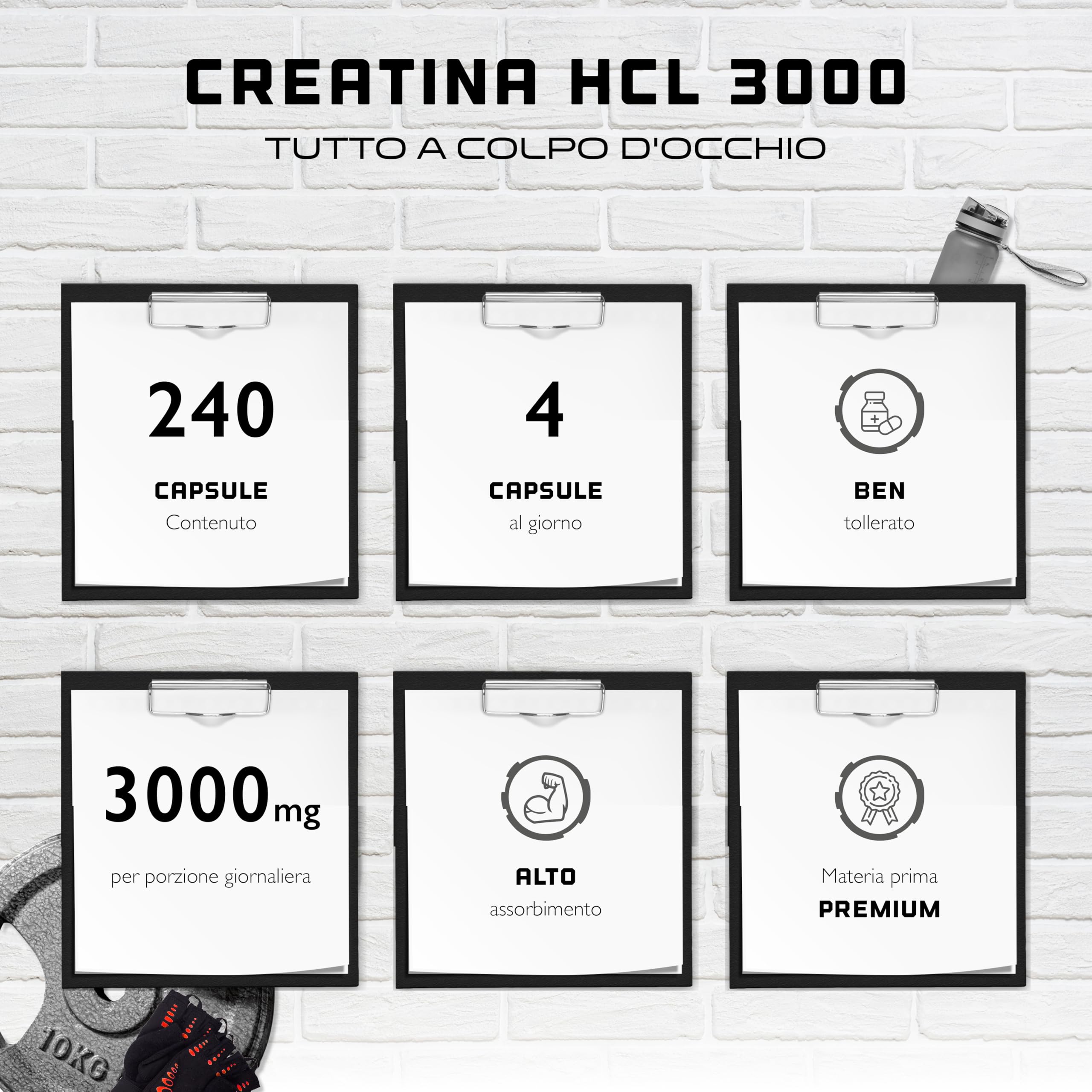 Creatina HCL - 240 capsule vegane - Dosaggio elevato di 3000 mg - Creatina cloridrato pura - Assorbimento elevato - Alto livello di qualità.