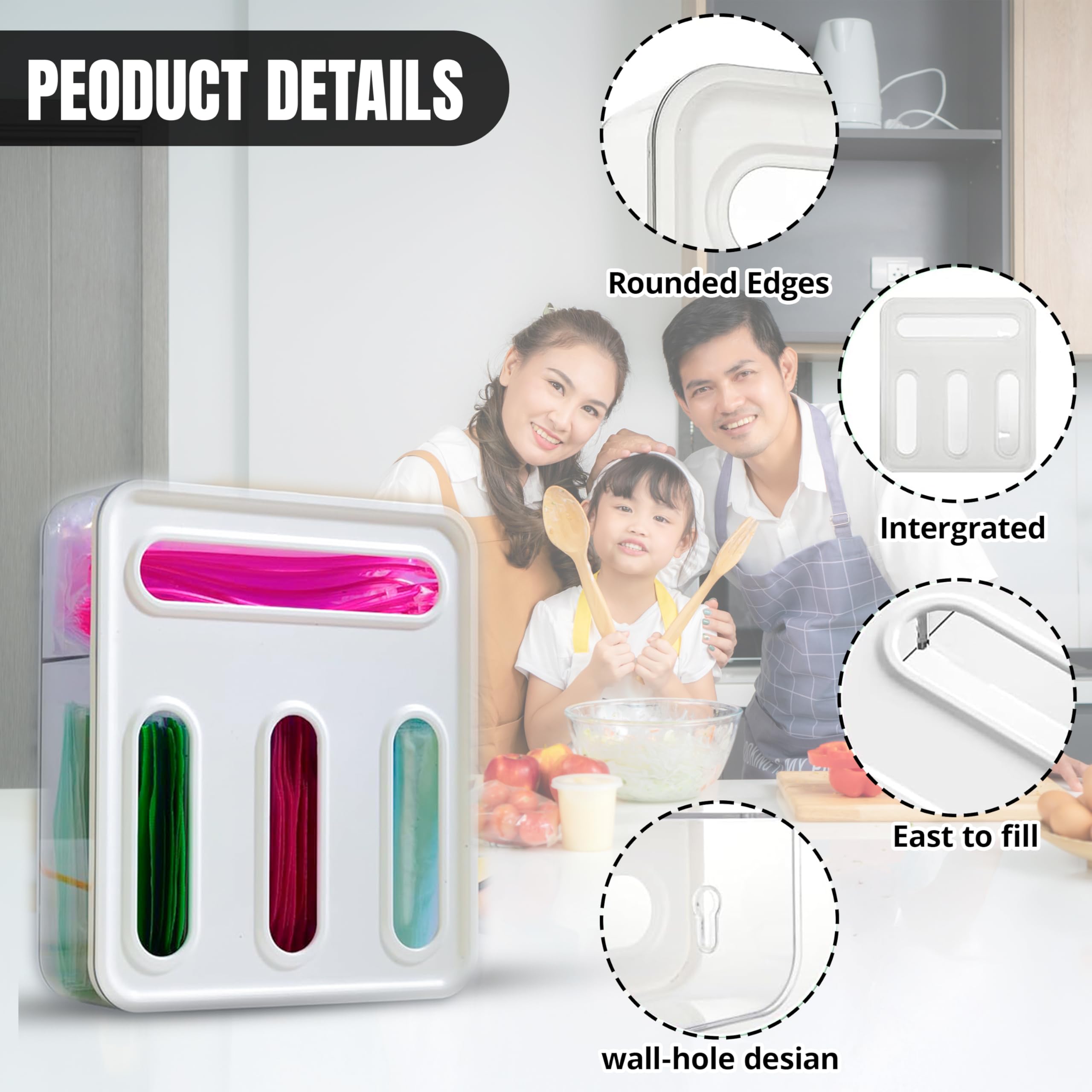 Organizador de bolsas Ziplock para cocina, 4 ranuras, montaje en pared o almacenamiento de cajones, dispensador de bolsas de plástico con diseño de tapa de bloqueo