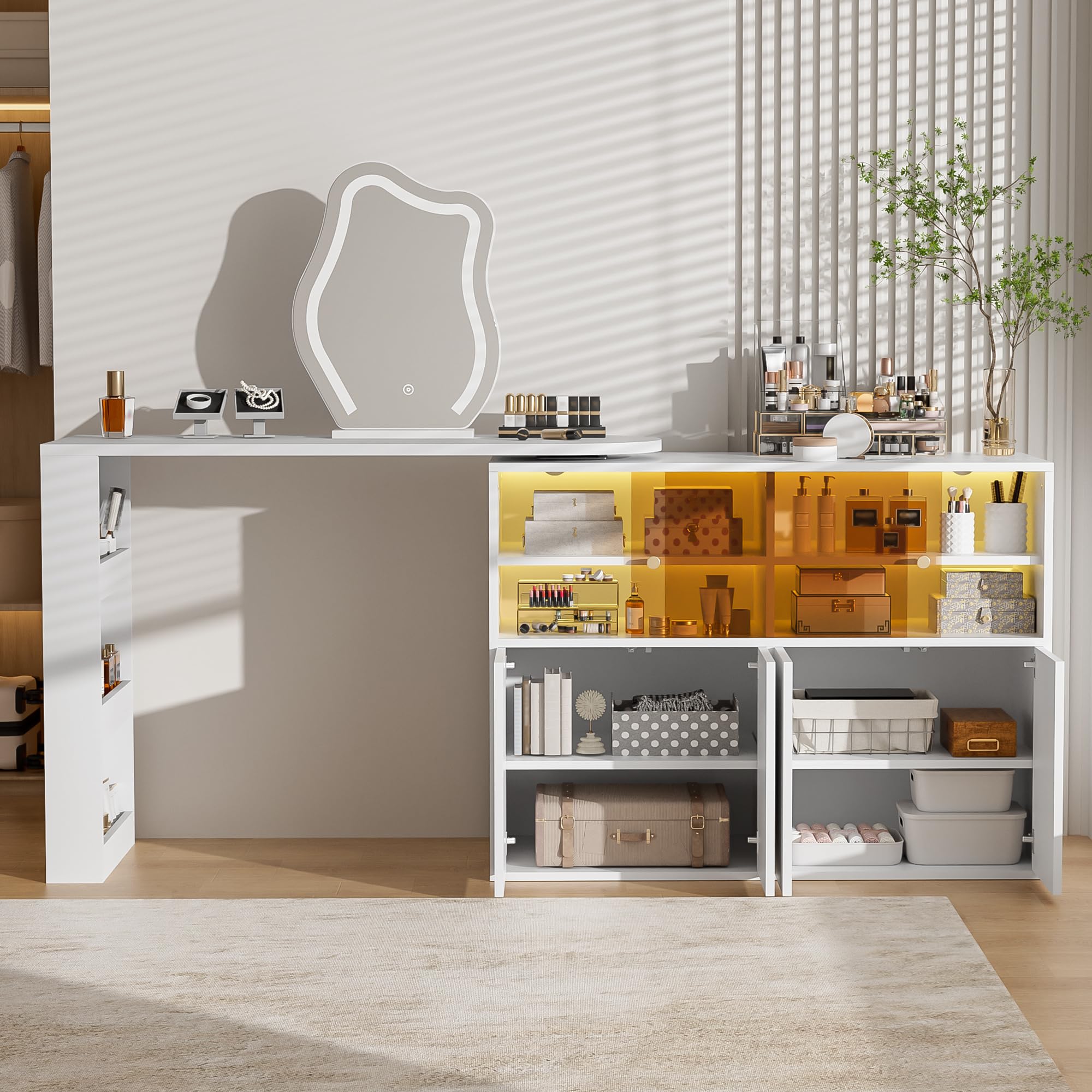 Coiffeuse LED rotative Blanche Miroir, Bureau 2 en 1, 100x40x80 cm