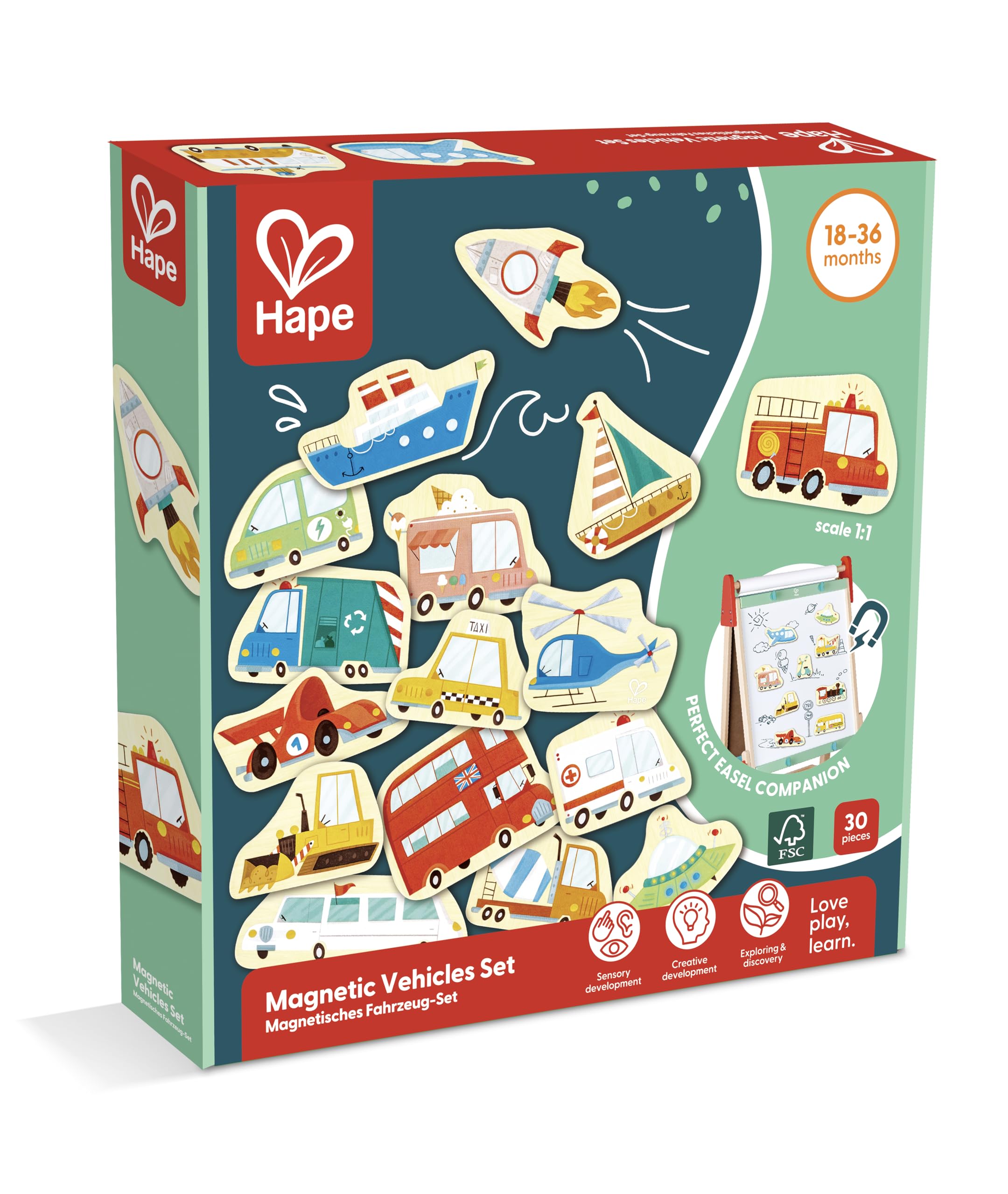 Hape Set di Veicoli magnetici, Veicoli in Legno con magneti per Bambini a Partire dai 18 Mesi di età