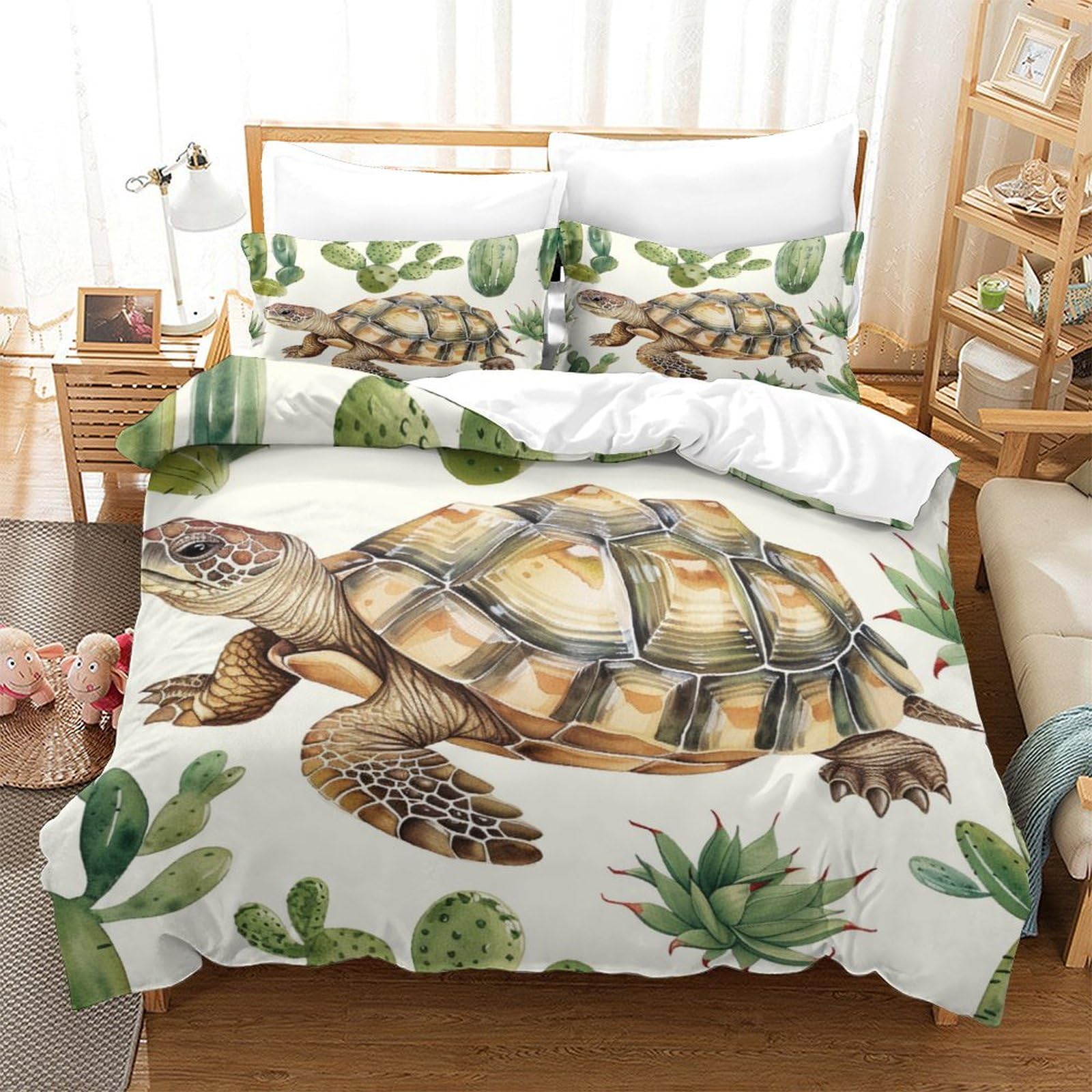 P1s9u7w5y Sea Turtle-3 3D Printed Tortoise Botanical Duvet Cover Set 3Pcs Microfiber Tortoise Bedding Set King（220X240cm）