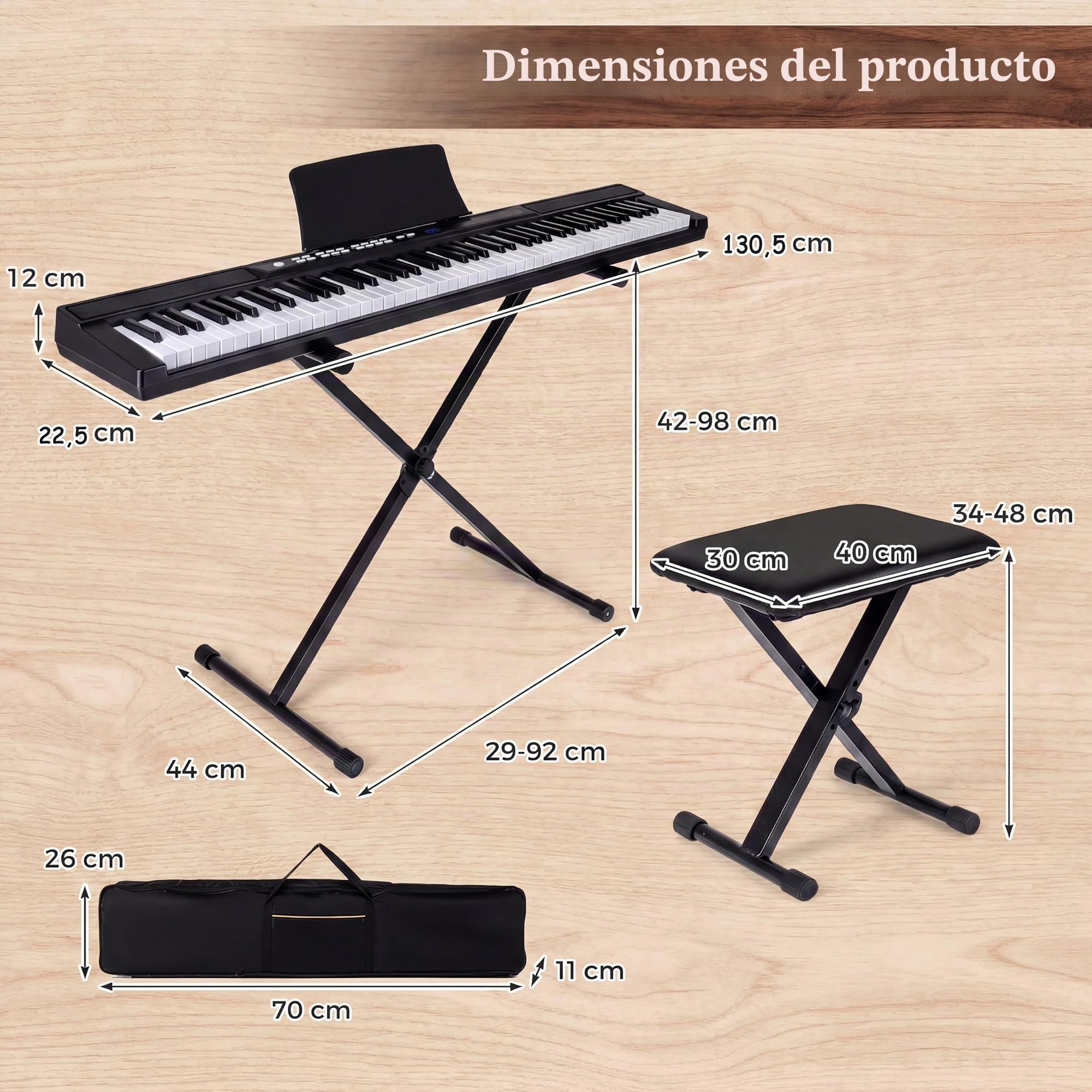 KOMFOTTEU Teclado de Piano de 88 Teclas, Piano Digital con Taburete, Soporte Ajustable, Auriculares, Teclado Electrónico con Teclas Iluminadas, Bolsa, para Principiantes, Adultos (Negro)