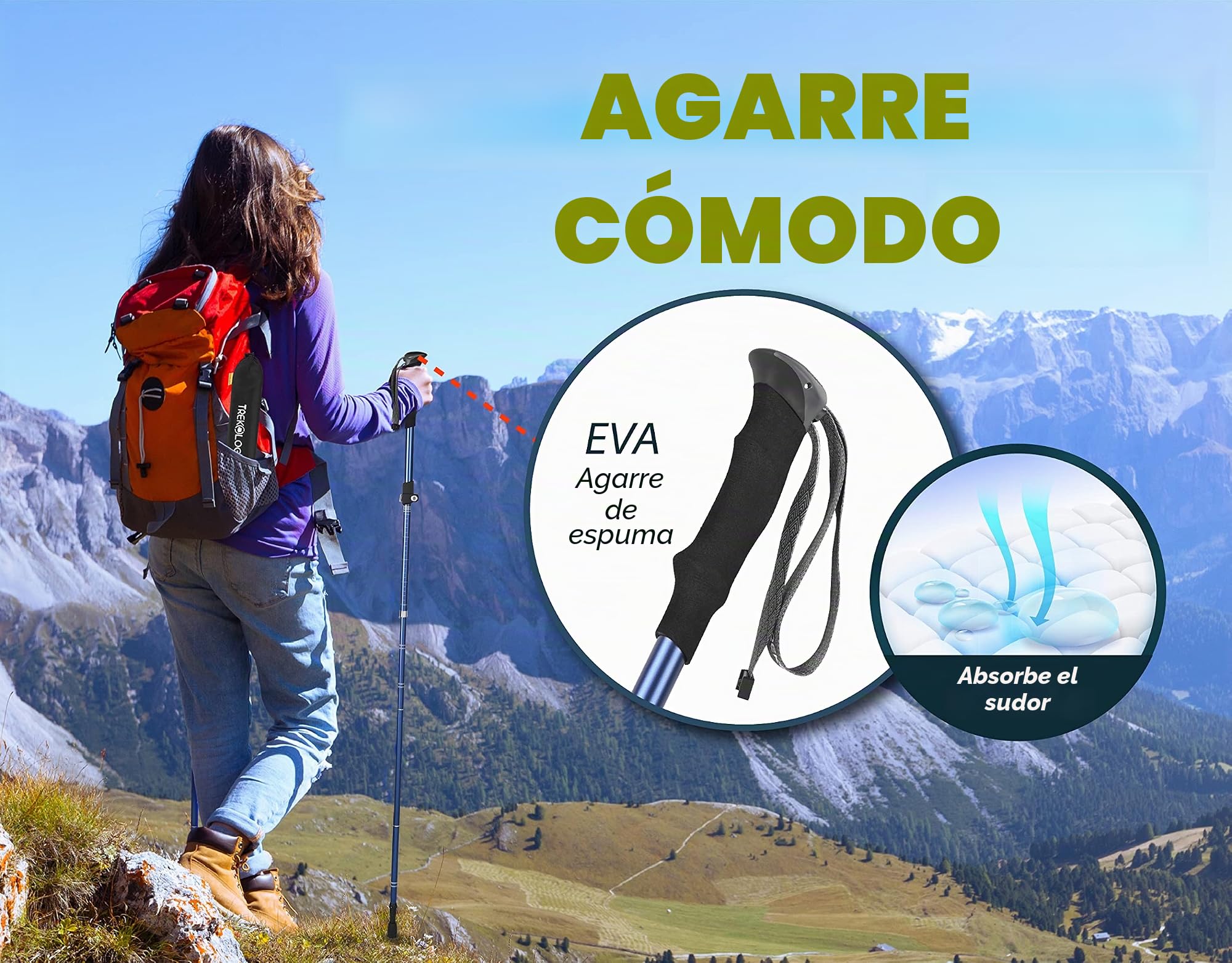 TREKOLOGY TREKZ SE Set de 2 Bastones Trekking Plegables - Nórdico Bastones Senderismo para Hombre, Mujeres y Personas Mayores - Bastones para caminar montaña Porras Seguridad con Empuñadura Espuma EVA