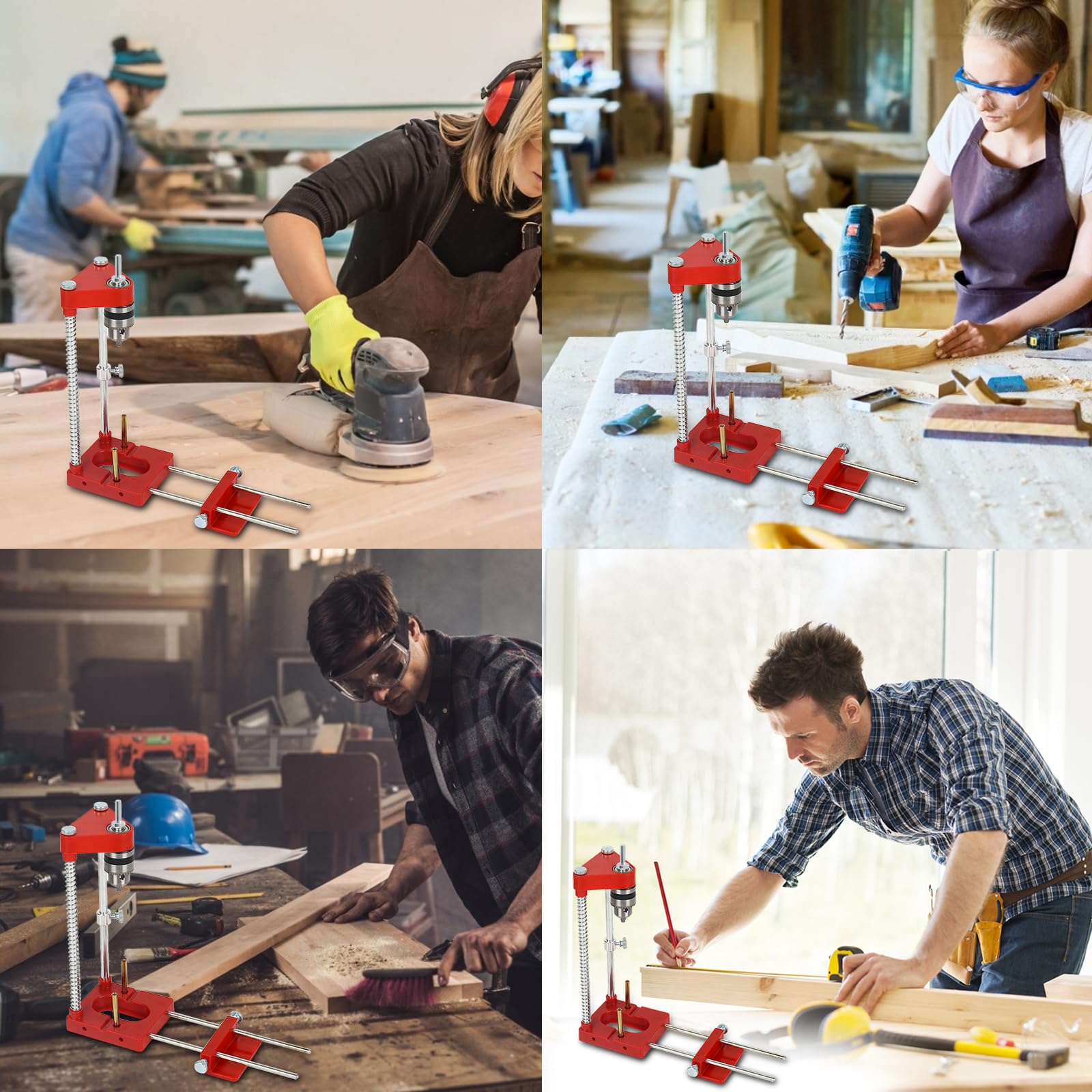 Support de perçage pour perceuse, gabarit de perçage réglable portable, outil de précision pour travail du bois, ensemble d’outils de guidage manuels verticaux (Rouge)