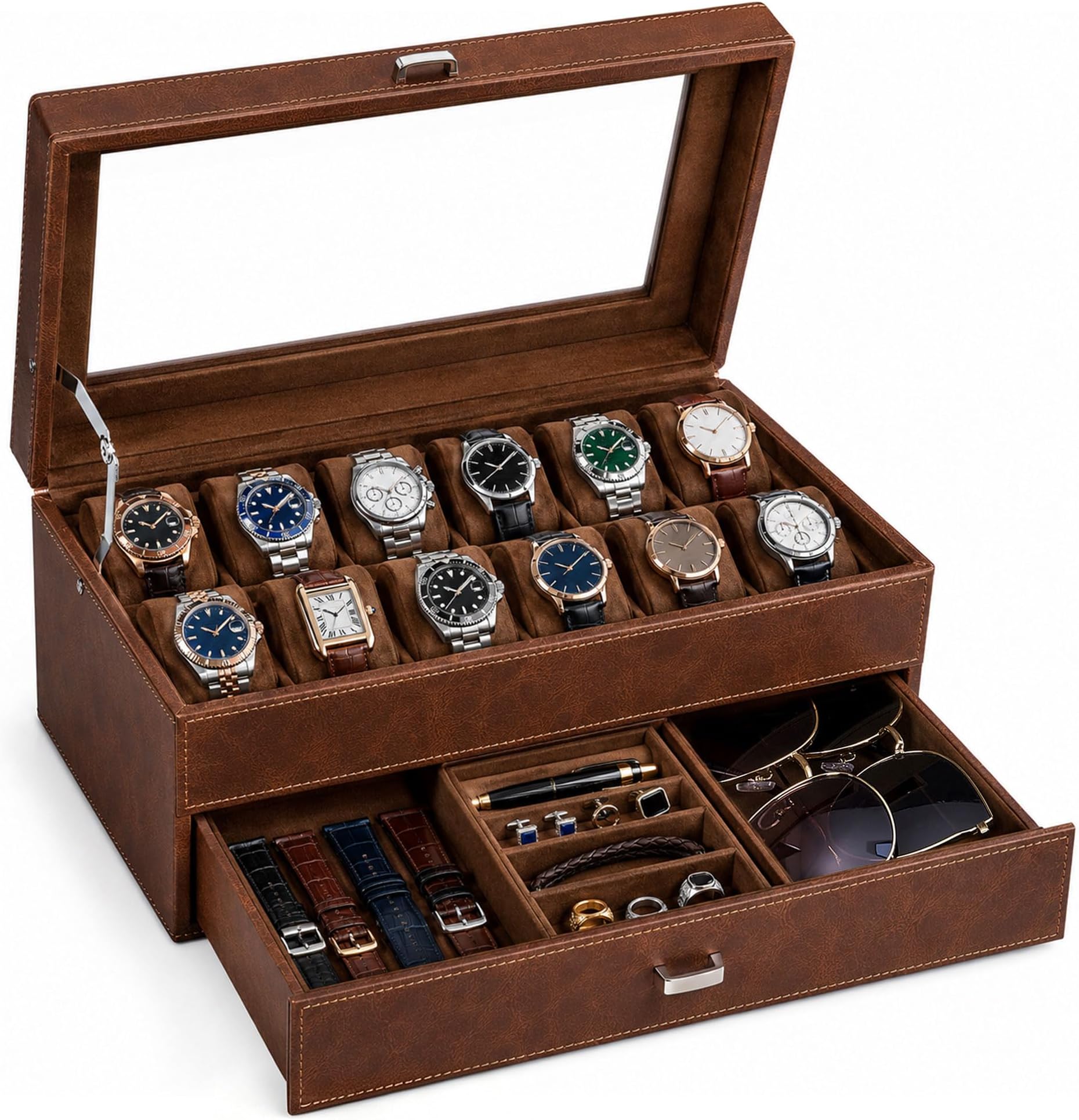 BEWISHOME Watch Case, 12-Slot Watch Box Organizer with Large Glass Lid | 2-Layer Watch Cases for Men with Removable Pillows, Watch Box for Men, Watch Storage, Watch Holder Espresso Lining SSH12Z