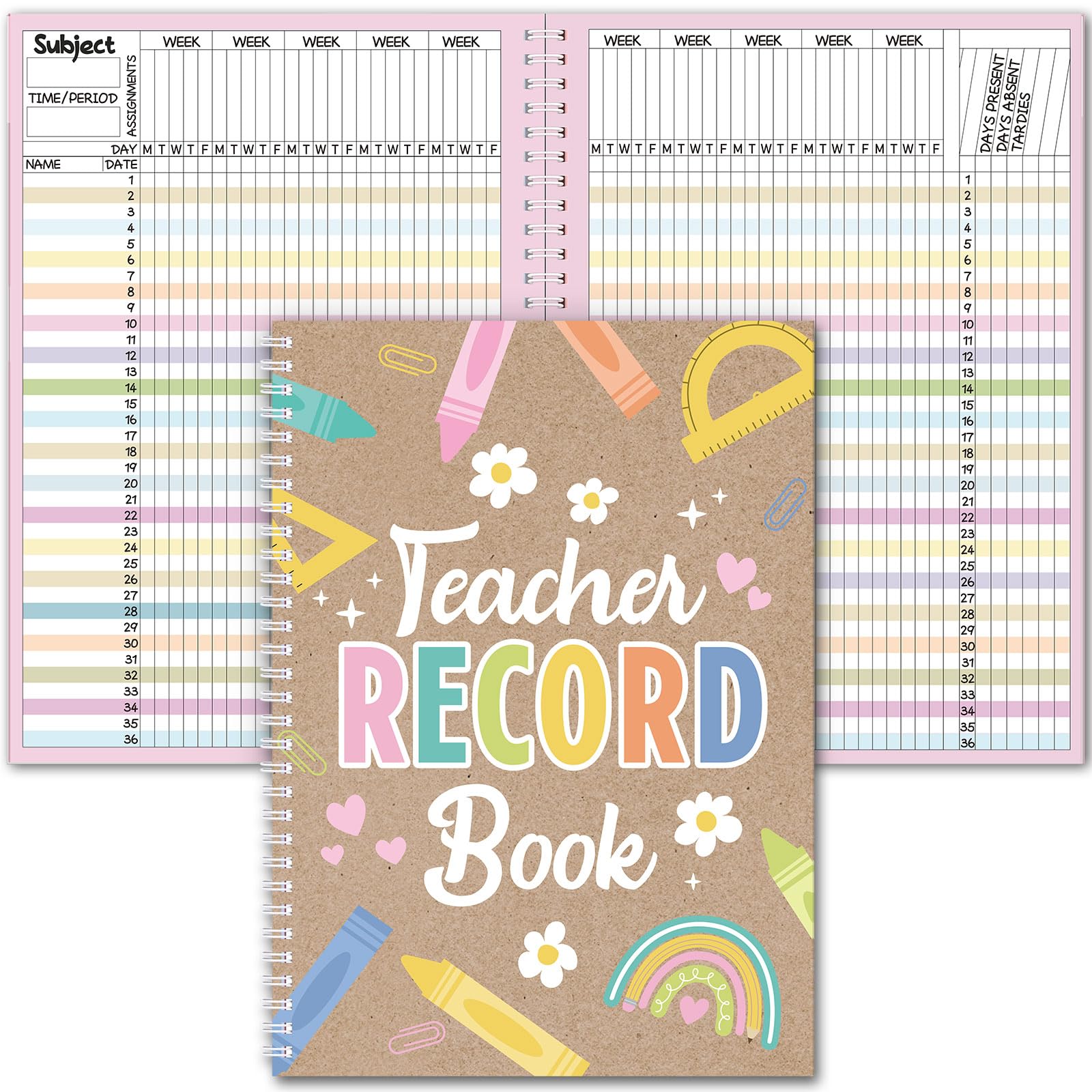 Fuyoooo Teacher Record Book Teacher Grade Books 2026-2027 Spiral Bound Record Planner 2026 Class Grade Book Office Favors for Classroom Attendance Decoration Double Sided(Kraft, Crayon)