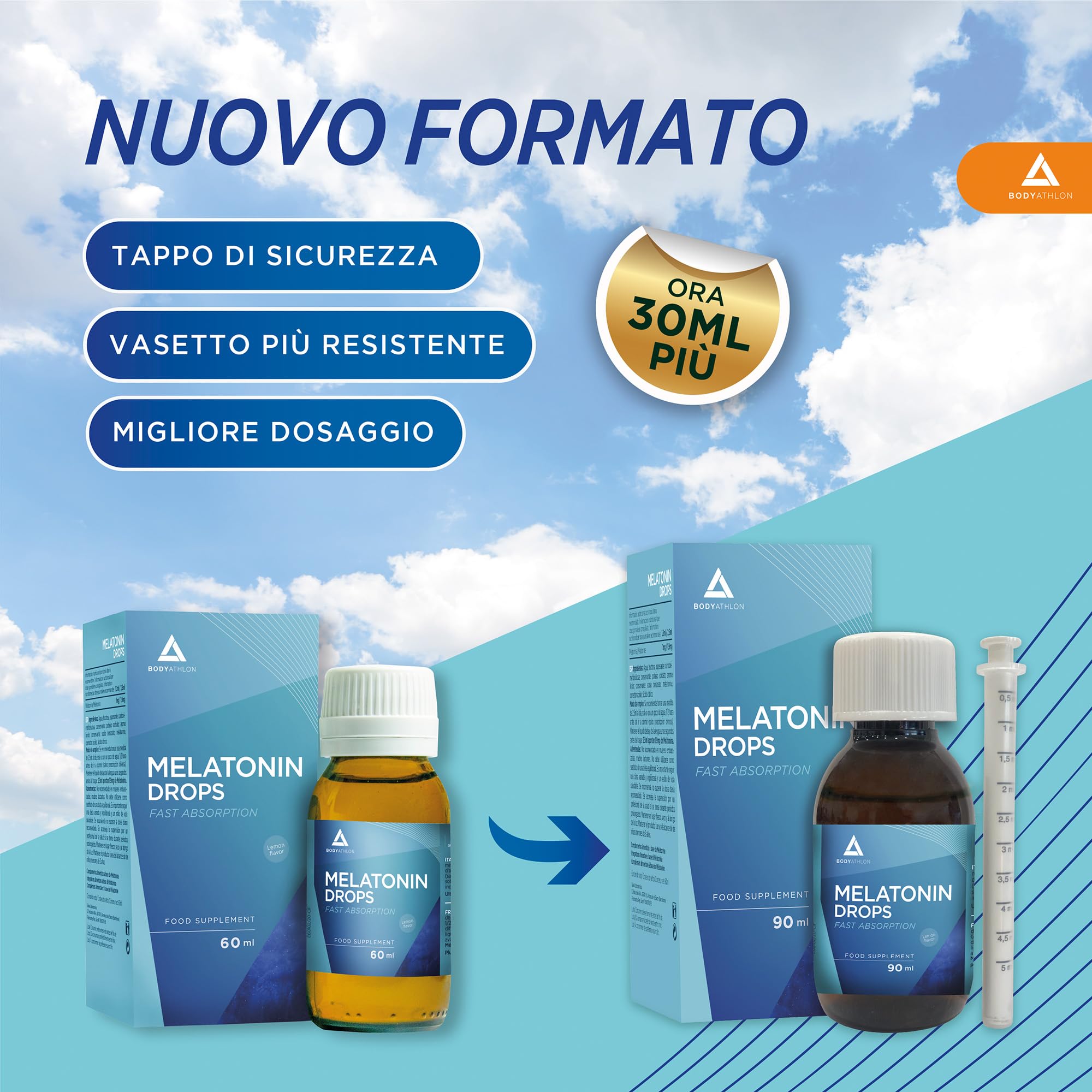 Melatonina pura in gocce 90ml |Melatonina bambini e adulti per Dormire Meglio |Aiuta con l’insonnia| Gocce per dormire effetto rapido e duraturo |Aroma limone| Vegano| BODYATHLON