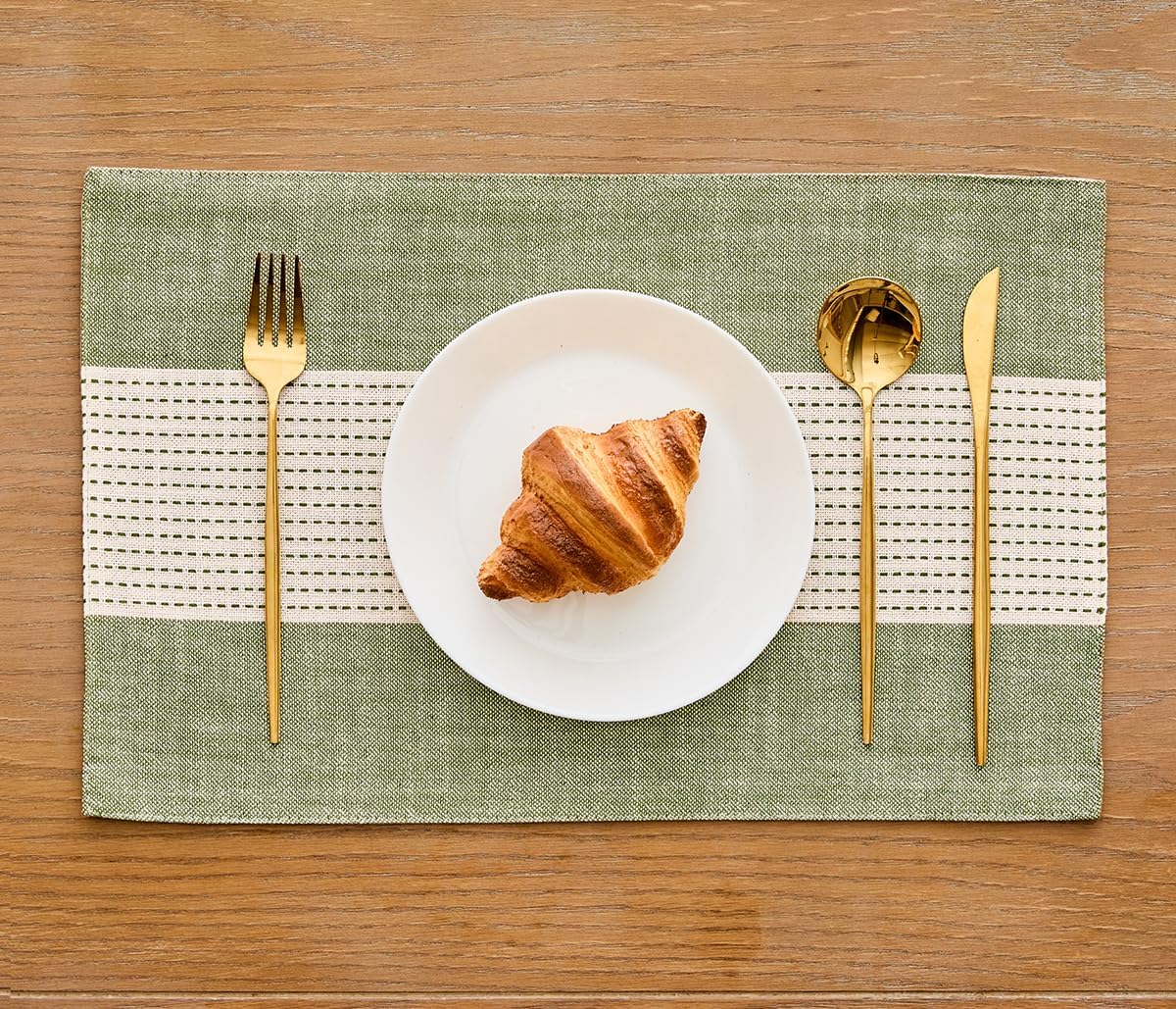 Wracra Linen Placemats, 12 x 18 Inch Set of 6 Placemats, Farmhouse Macrame Place Mats for Kitchen Table and Heat Resistant-Hemstitch Sage Green 6PCS