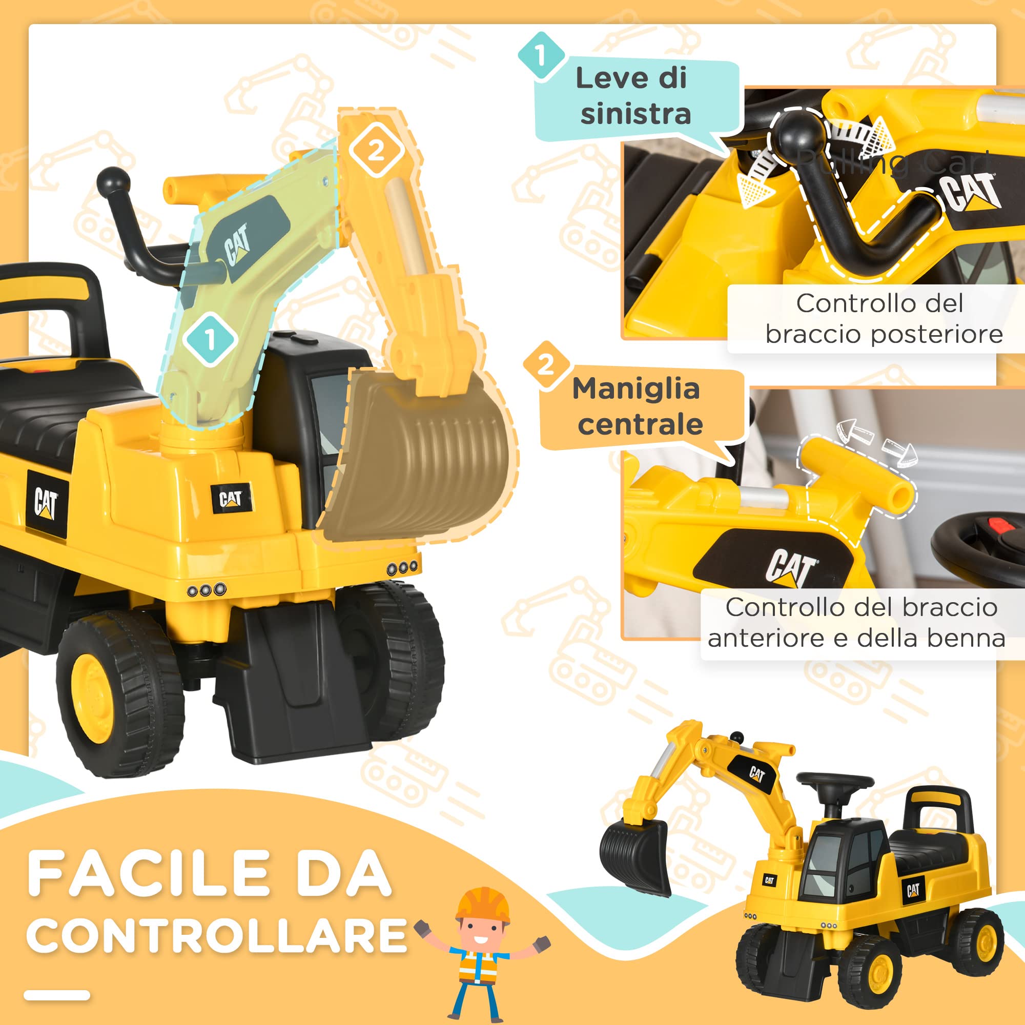 HOMCOM Ruspa Giocattolo con Licenza Caterpillar e Vano Contenitore, Escavatore Giocattolo Cavalcabile per Bambini da 1-3 Anni, Senza Batteria, Giallo