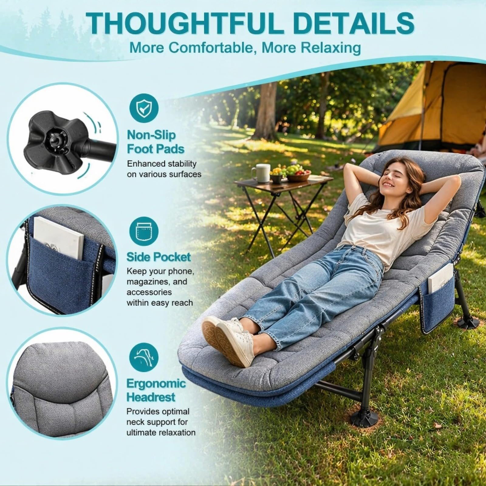 Letto da campeggio pieghevole con cuscino cervicale e tasca laterale, 190 x 65 x 30 cm, portata fino a 150 kg, pieghevole, leggero, scomparto regolabile, pieghevole per giardino, viaggi