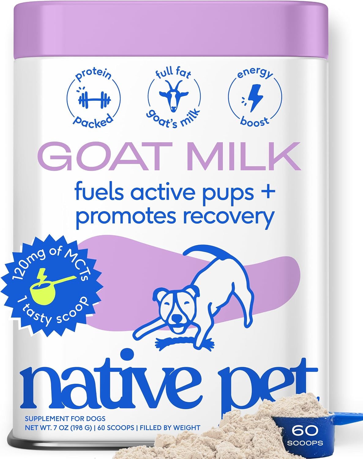 Native Pet Goat Milk Powder - Dog Food Topper for Active Dogs - Post-Activity Recovery, Energy, Immune Support, Hydration & Bone Health - Whole Goat Milk with MCTs & Essential Minerals - 60 Scoops