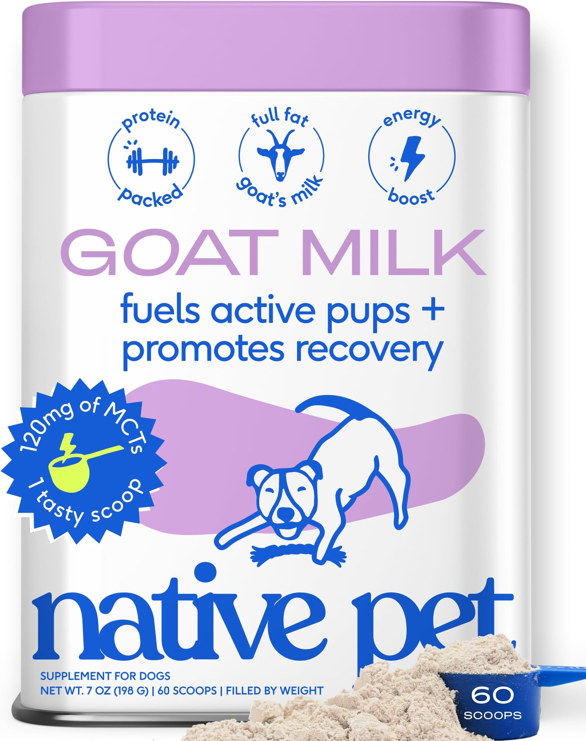 Goat Milk Powder - Dog Food Topper for Active Dogs - Post-Activity Recovery, Energy, Immune Support, Hydration & Bone Health - Whole Goat Milk with MCTs & Essential Minerals - 60 Scoops