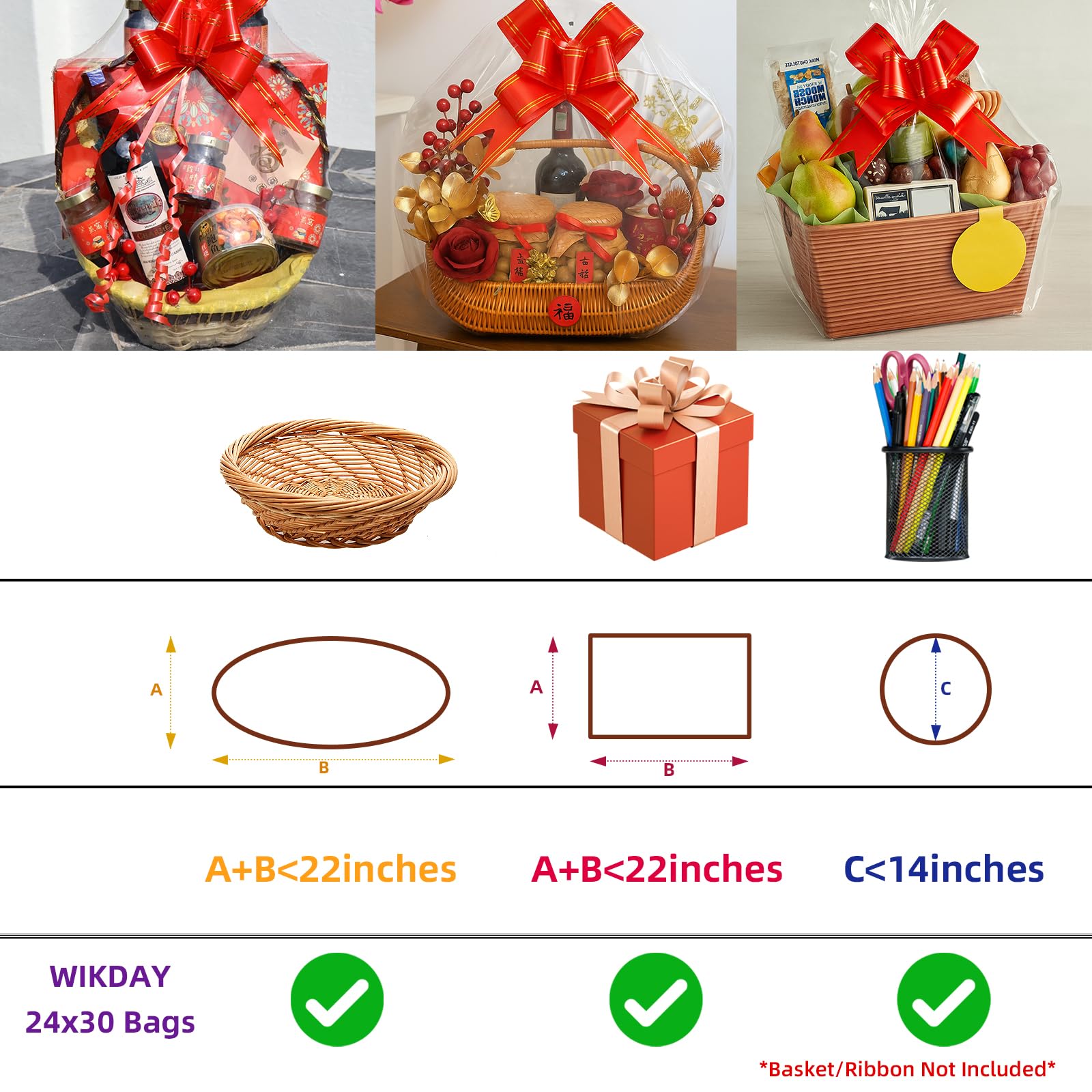 WIKDAY Shrink Wrap Bags for Gift Baskets 10 PCS 24x30 Inches Large Cellophane Bags Wrapping Plastic Clear Jumbo Basket Wrap Bags