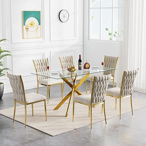 Miniatura 30 de SSLine Juego de mesa de comedor de cristal moderno para 6, 7 piezas, juego de comedor de cocina rectangular, mesa de vidrio templado de 51 pulgadas