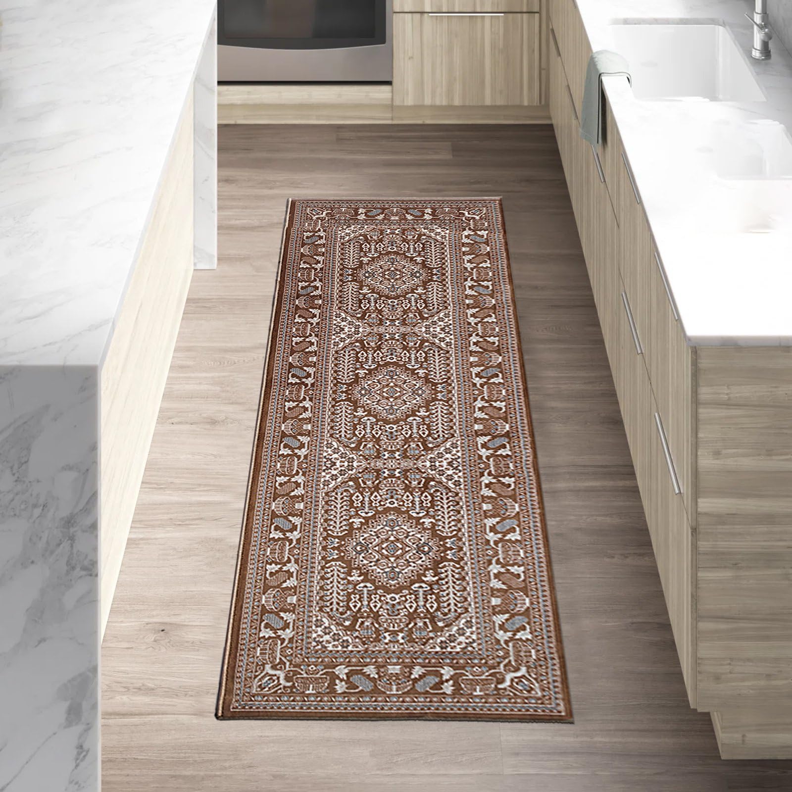 renoazul® Beige Rug Runner With Jute Back, Vintage Rugs For Living Room - Zinat 60 x 220 cm - Washable Runner Rug For Kitchen and Hallway Entrance