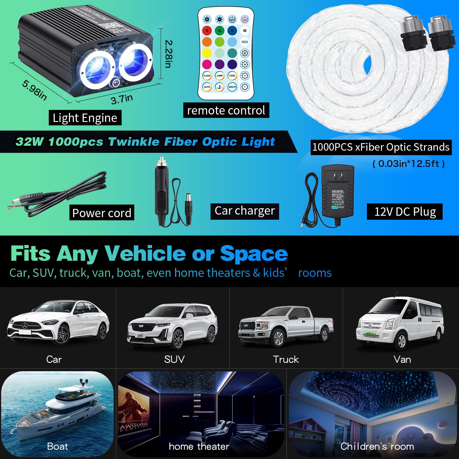 Kit de lumière à fibre optique Twinkle Starlight, 32W, double port moteur, 1000 pièces, 4m de LED, étoile, plafond en fibre optique, kit de lumière avec application/commande à distance par son pour