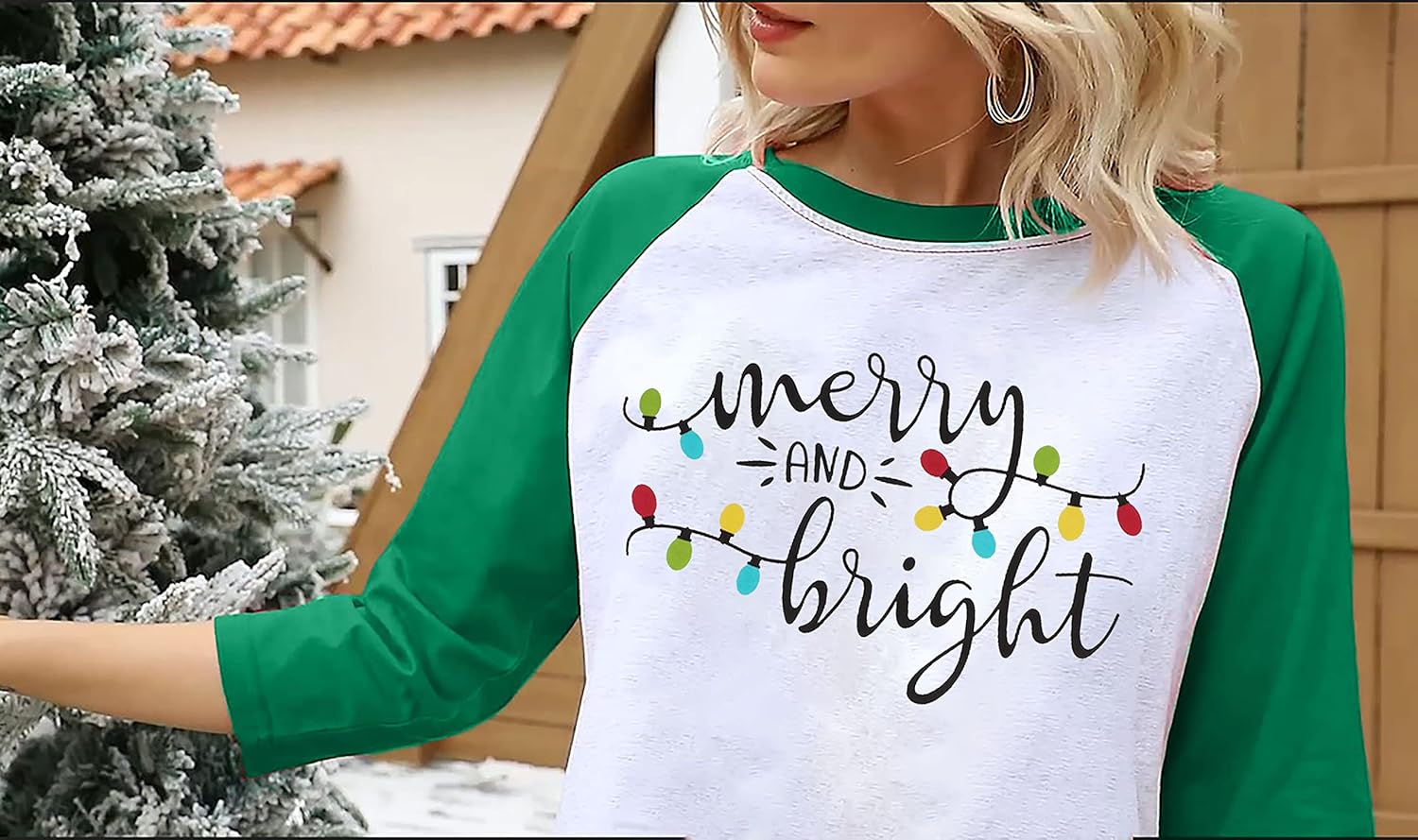 Christmas Tshirt Women Merry and Bright Shirt Letters Print Splicing 3/4 Sleeve Baseball Tshirt Blouse Tee Tops - Image 4