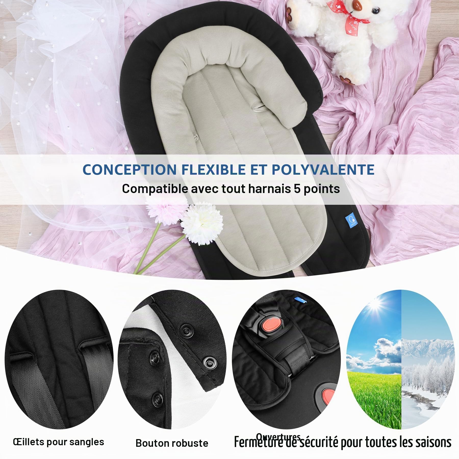 INFANZIA Réducteur de siège universel 2 en 1 avec rembourrage de ceinture, appui-tête pour nacelle, poussette et sièges auto - Noir