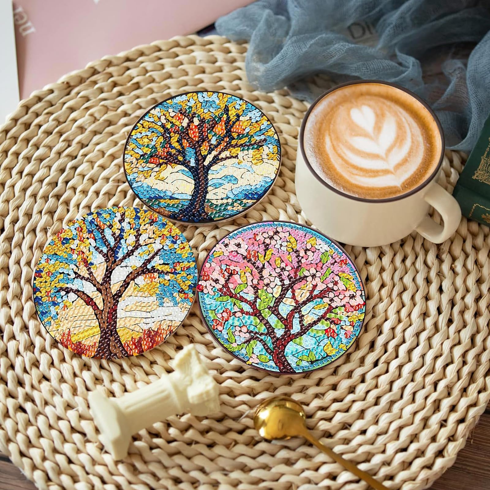 Kit 8 Sous-verres Diamant Painting Arbre De Vie - DIY Avec Support Métal, Pour Tasses Et Déco