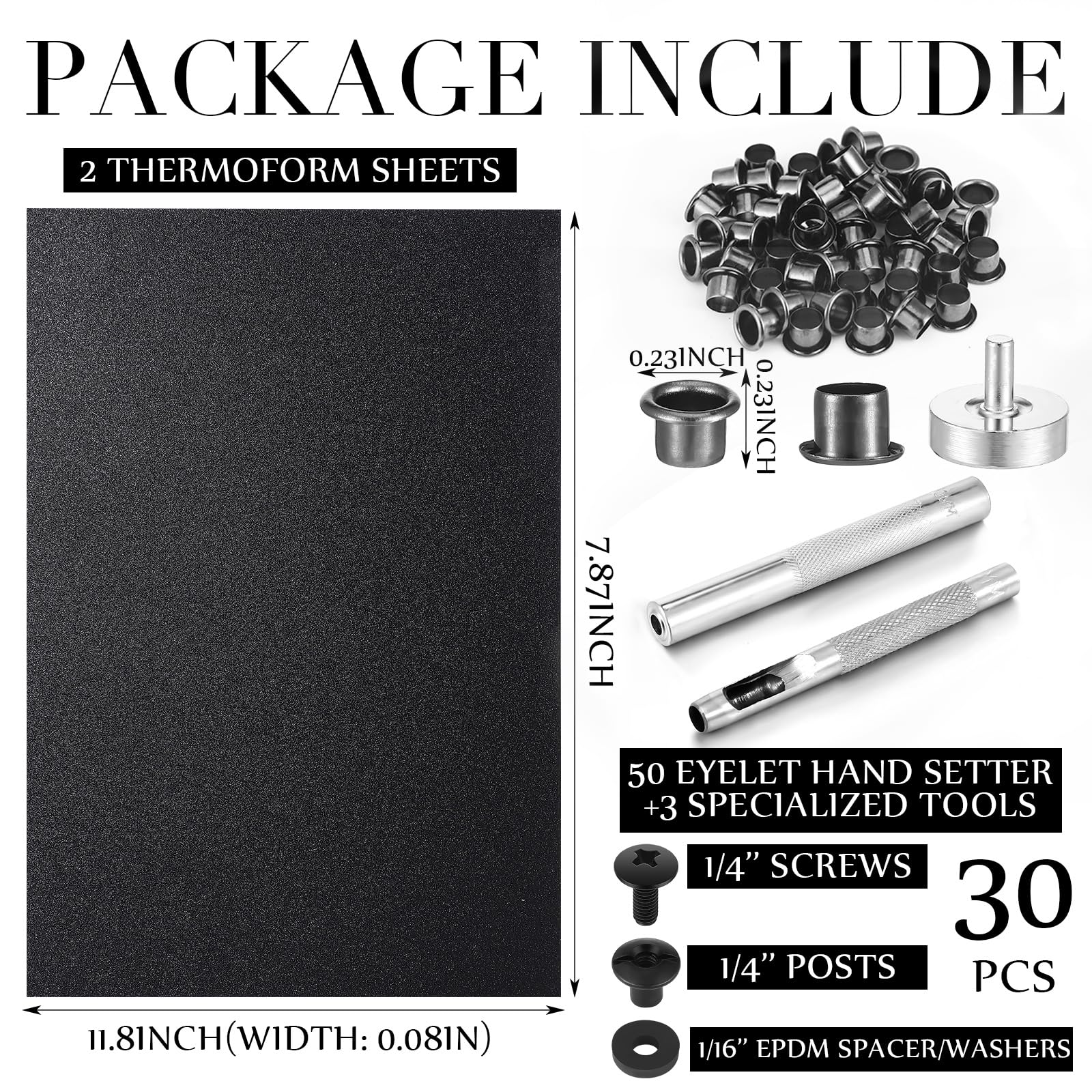 Lanties 145 Pcs DIY Holster Kit Include Eyelet Hand Setter & Eyelet Combo Thermoform Sheet Cross Recessed Screw Head Open Slotted Fastener Rubber Washer for Making Knife Sheath Keel(Black)