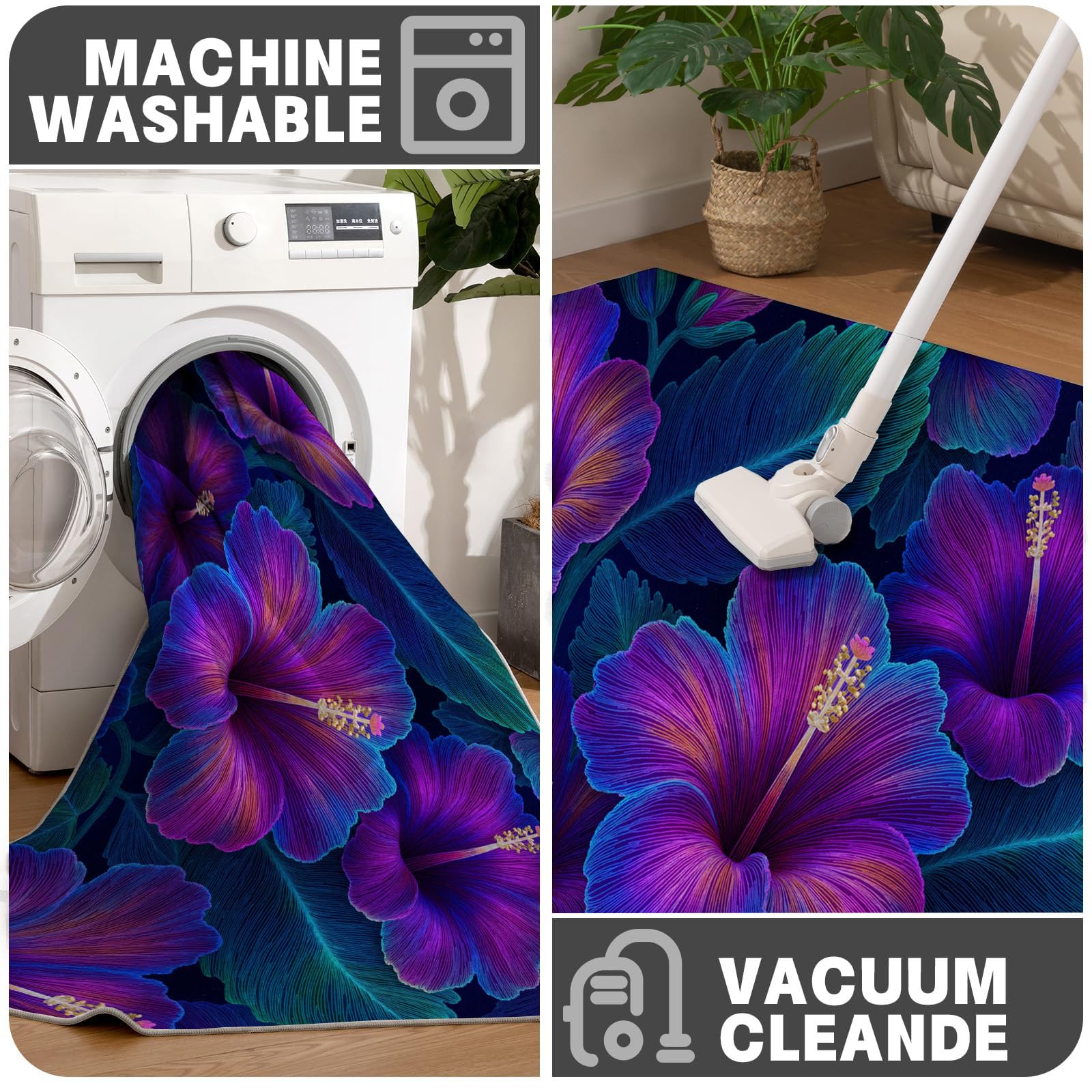 Paillasson de intérieur Antidérapant, Tapis de Motifs Floraux Rétro Tropicaux, Tapis Salle de Bain Flanelle Douce, Absorbant l'eau, pour Cuisine (Irisé Hibiscus, 80x120cm