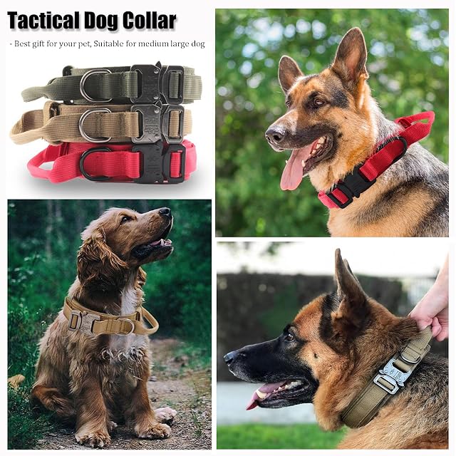 Foto 7 de 7 de Collar táctico para perro, collar ajustable de nailon para perro con mango de control y hebilla de metal…