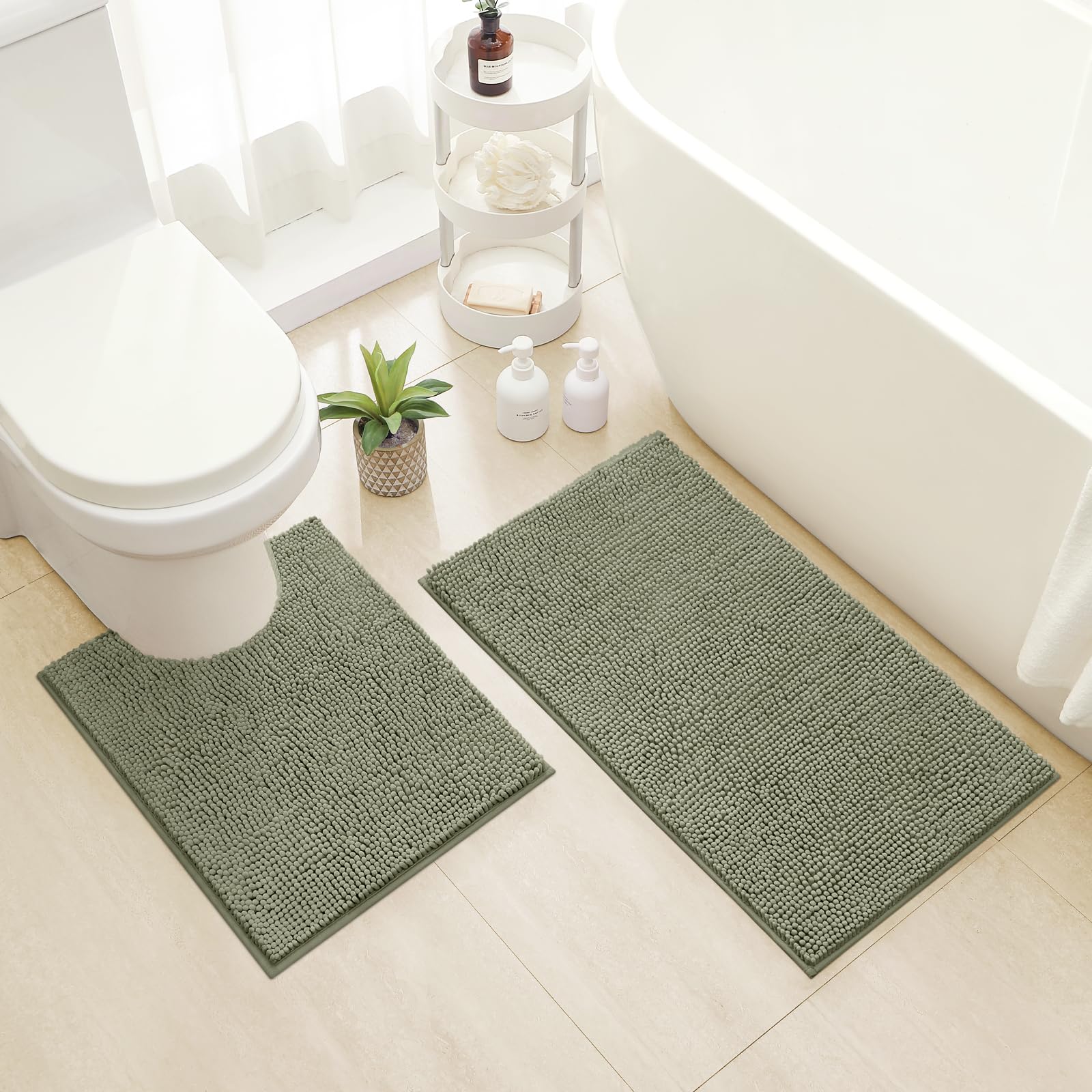 HOMEIDEAS Bathroom Rugs Set 2 Pieces, Ultra Soft Non Slip Absorbent Chenille Toilet Bath Mat Set (Sage Green)