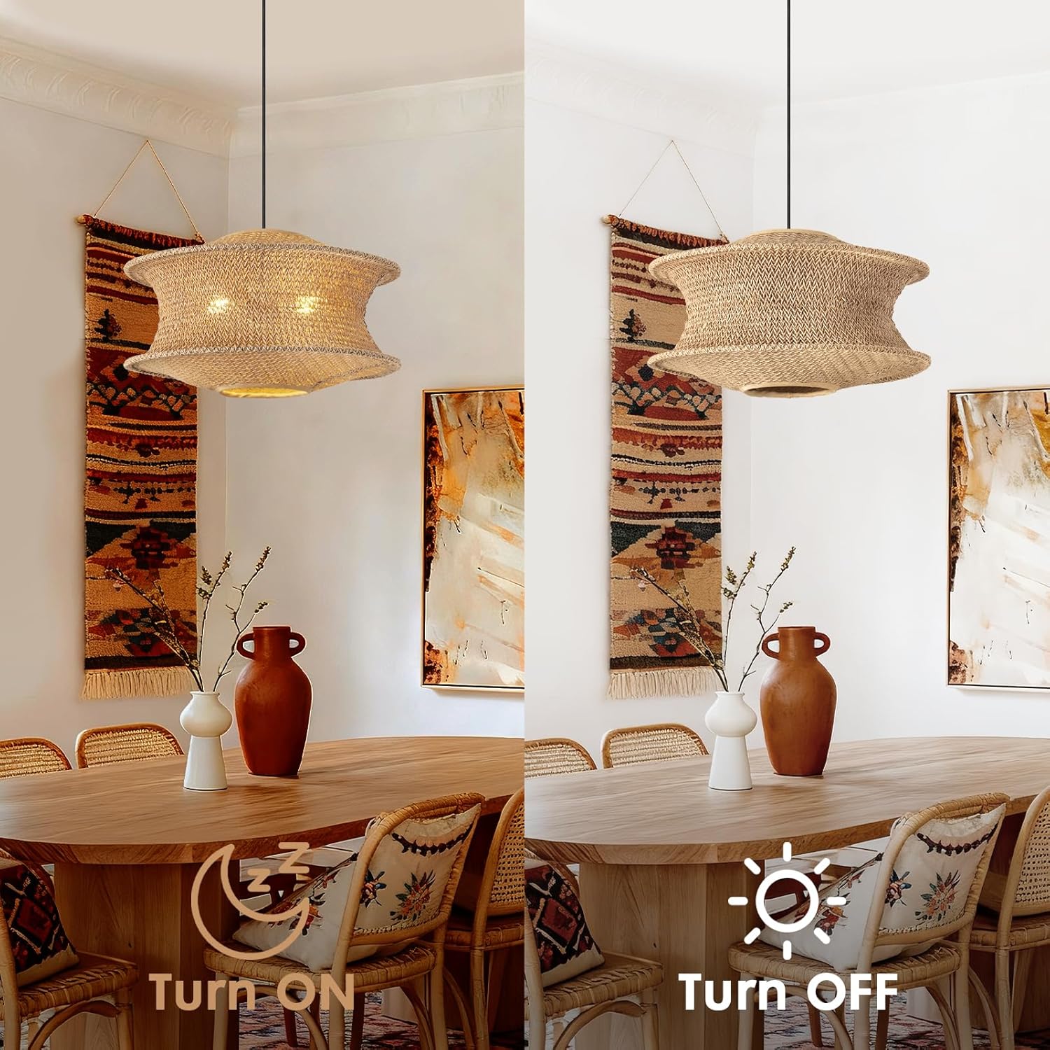 18" Boho Rattan Pendant Light Fixture, Large Woven Hanging Ceiling Lamp, Natural Farmhouse Chandelier for Dining Room, Kitchen Island, Living Room, Entryway, Rustic Foyer Lighting