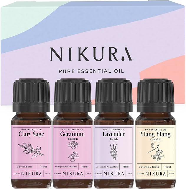 Nikura Floral Gift Set - 4 x 10ml | 100% Pure and Natural Essential Oils Including Clary Sage, Geranium, Lavender and Ylang Ylang (Complete) | Perfect for Gifts, Aromatherapy, Diffuser | Vegan & UK